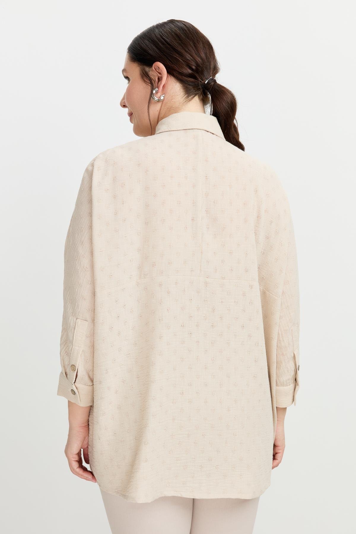 Büyük Beden Petek Keten Gömlek-VİZON