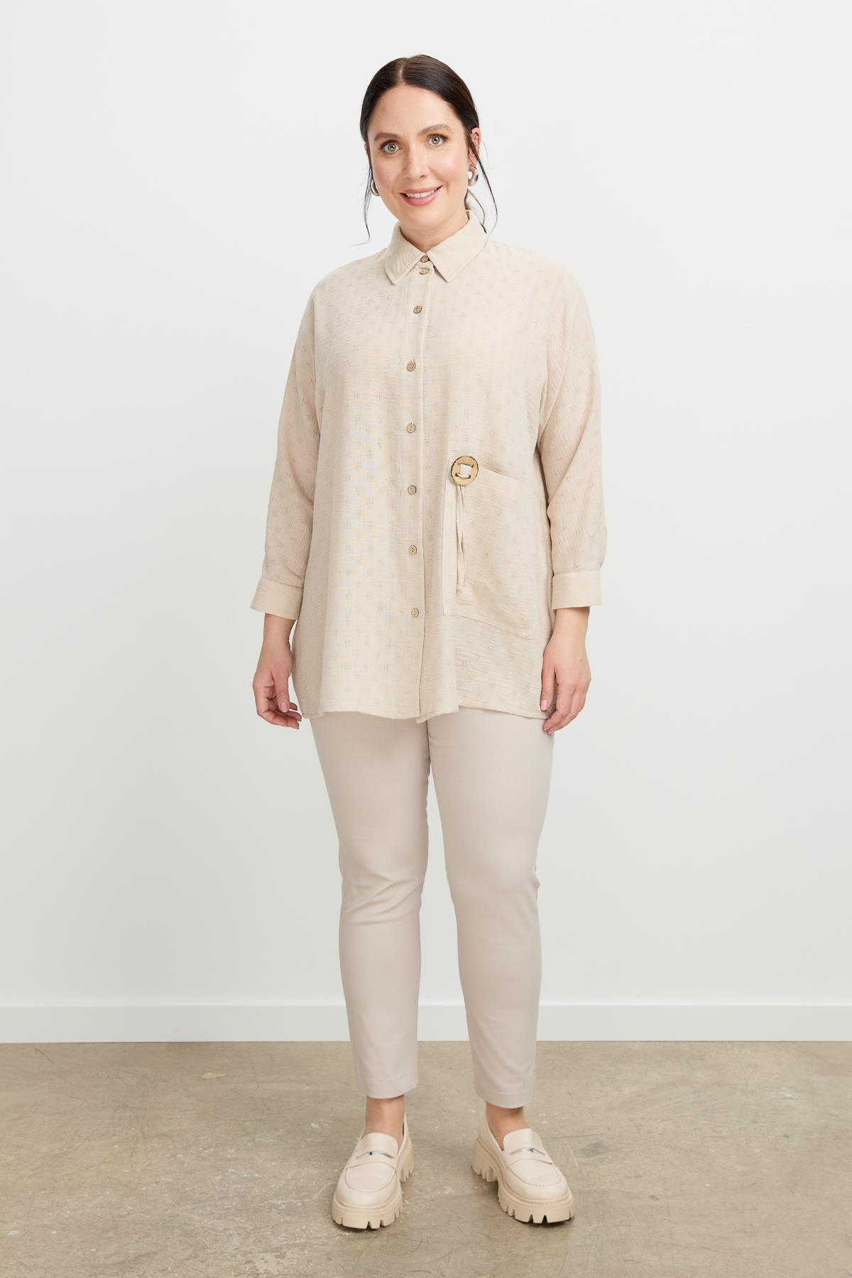 Büyük Beden Petek Keten Gömlek-VİZON