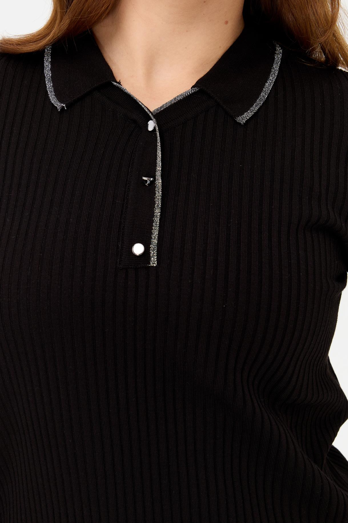 Büyük Beden Polo Yaka Fitilli Triko Kazak - SİYAH