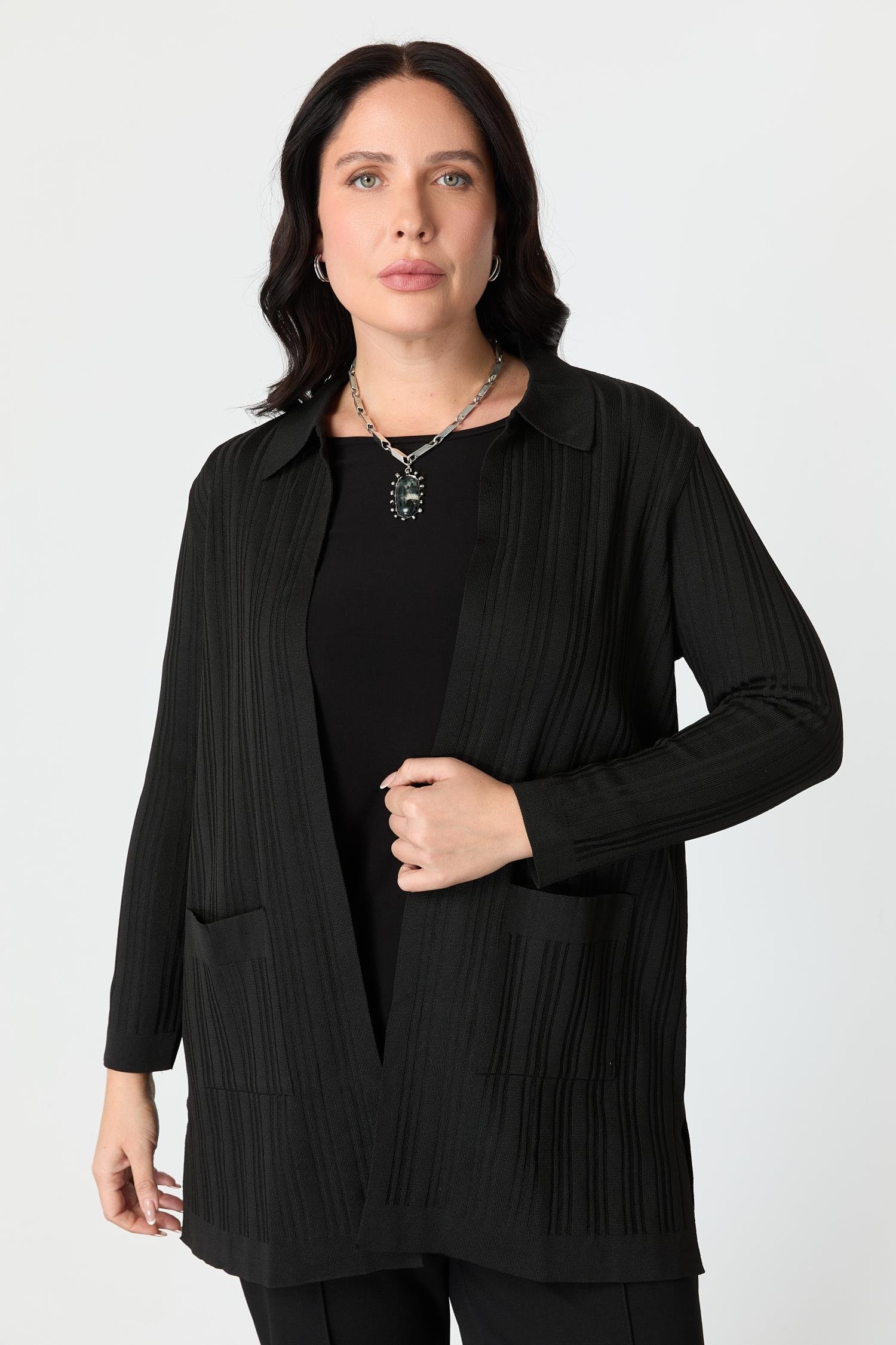 Büyük Beden Polo Yaka Triko Hırka-SİYAH