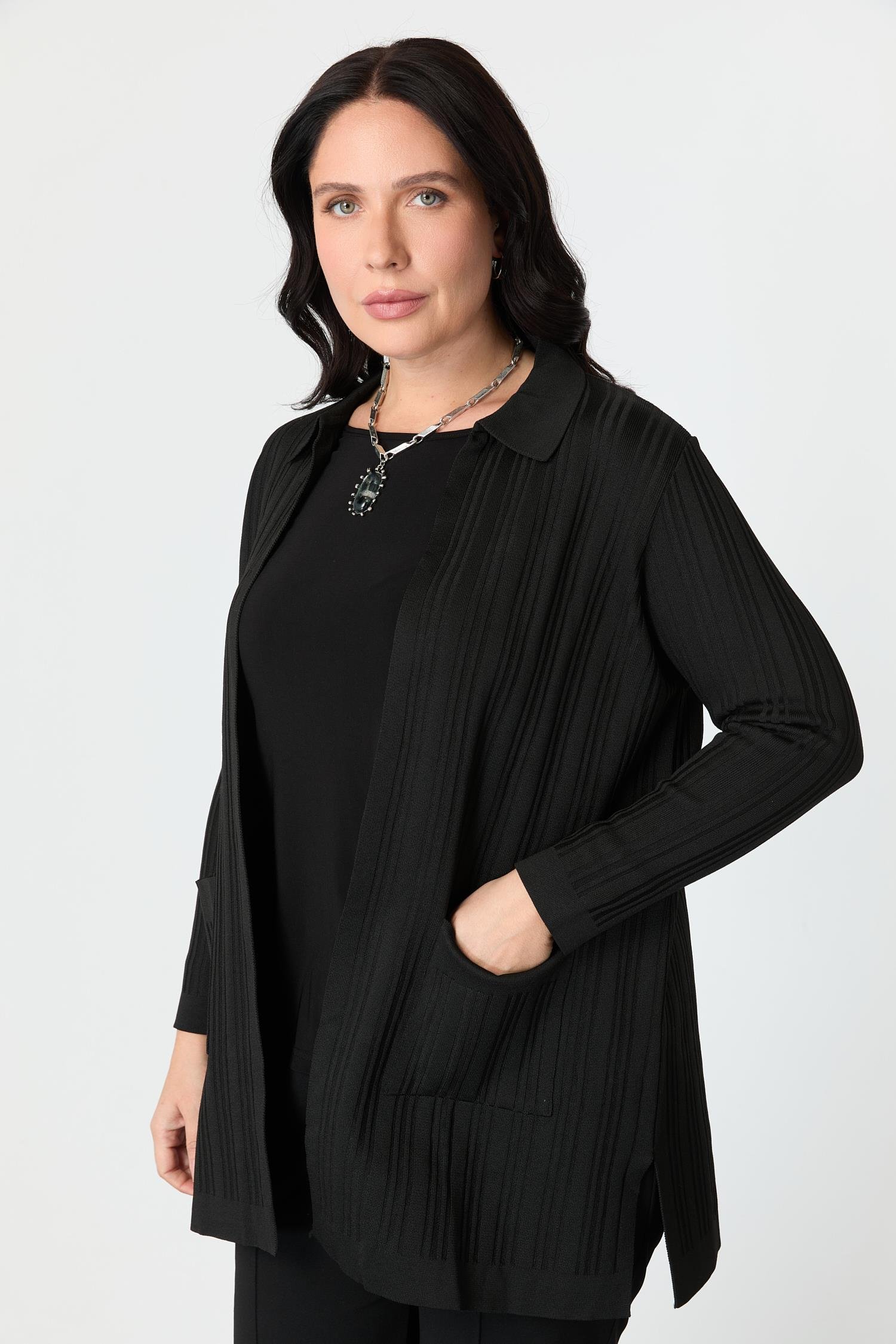 Büyük Beden Polo Yaka Triko Hırka-SİYAH