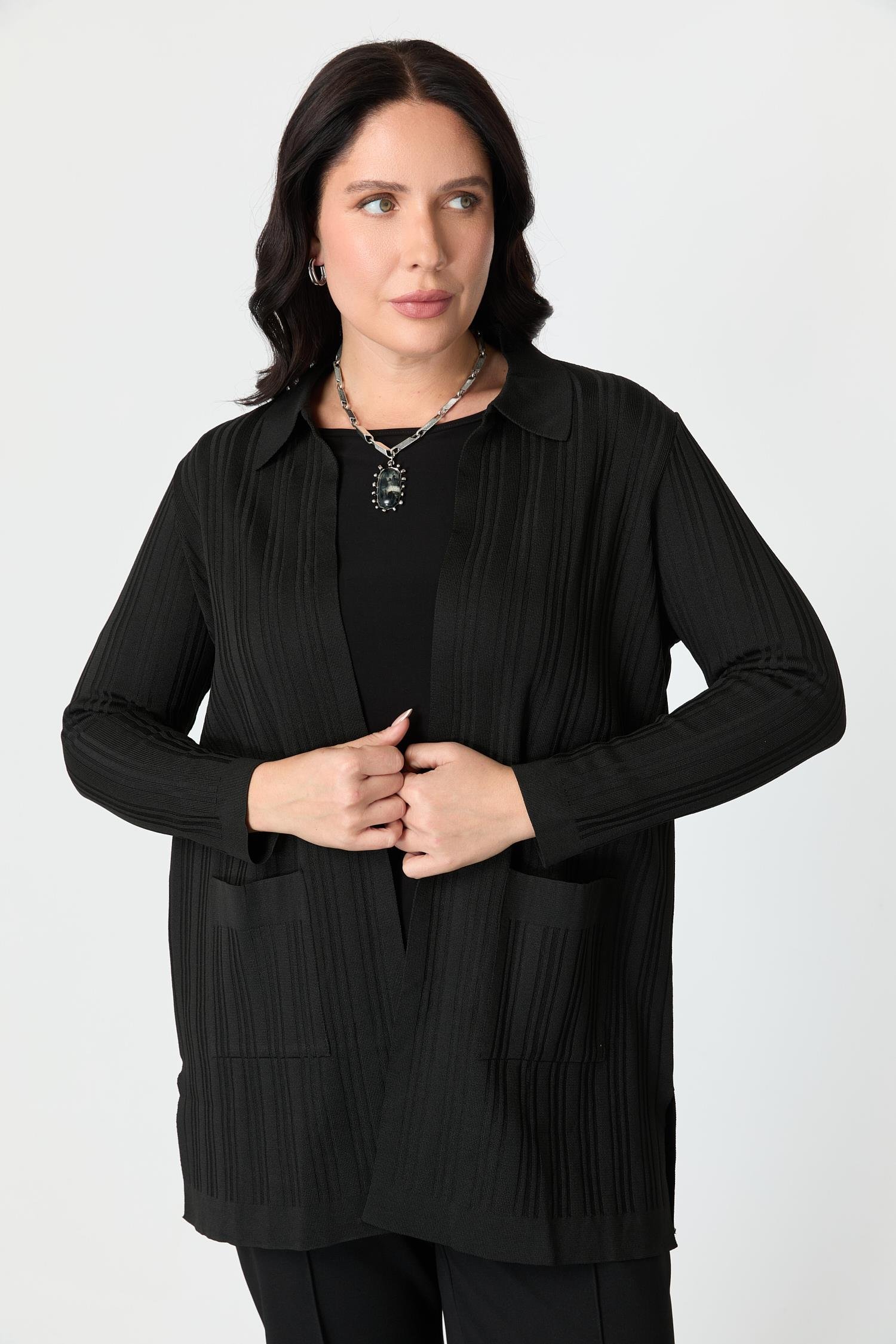 Büyük Beden Polo Yaka Triko Hırka-SİYAH