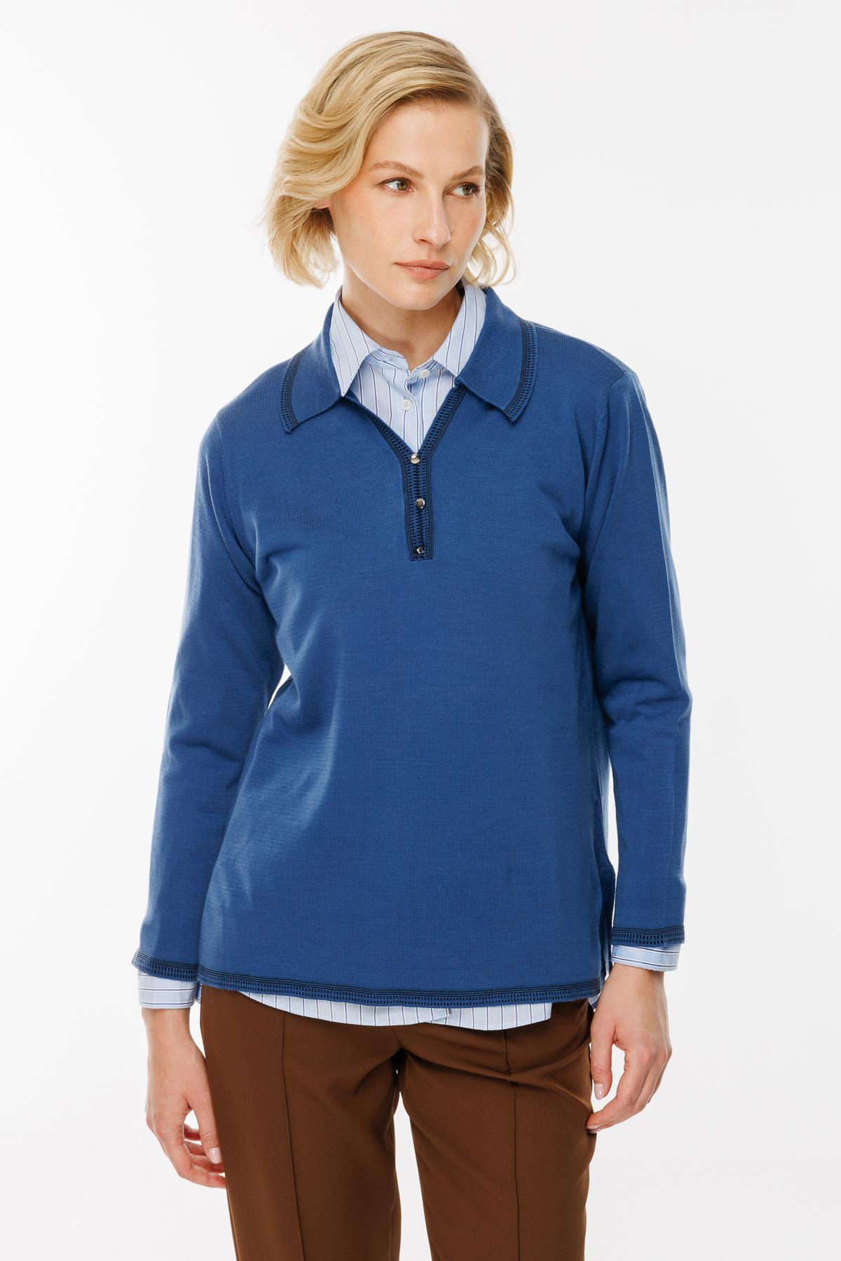 Büyük Beden Polo Yaka Triko Kazak - İNDİGO