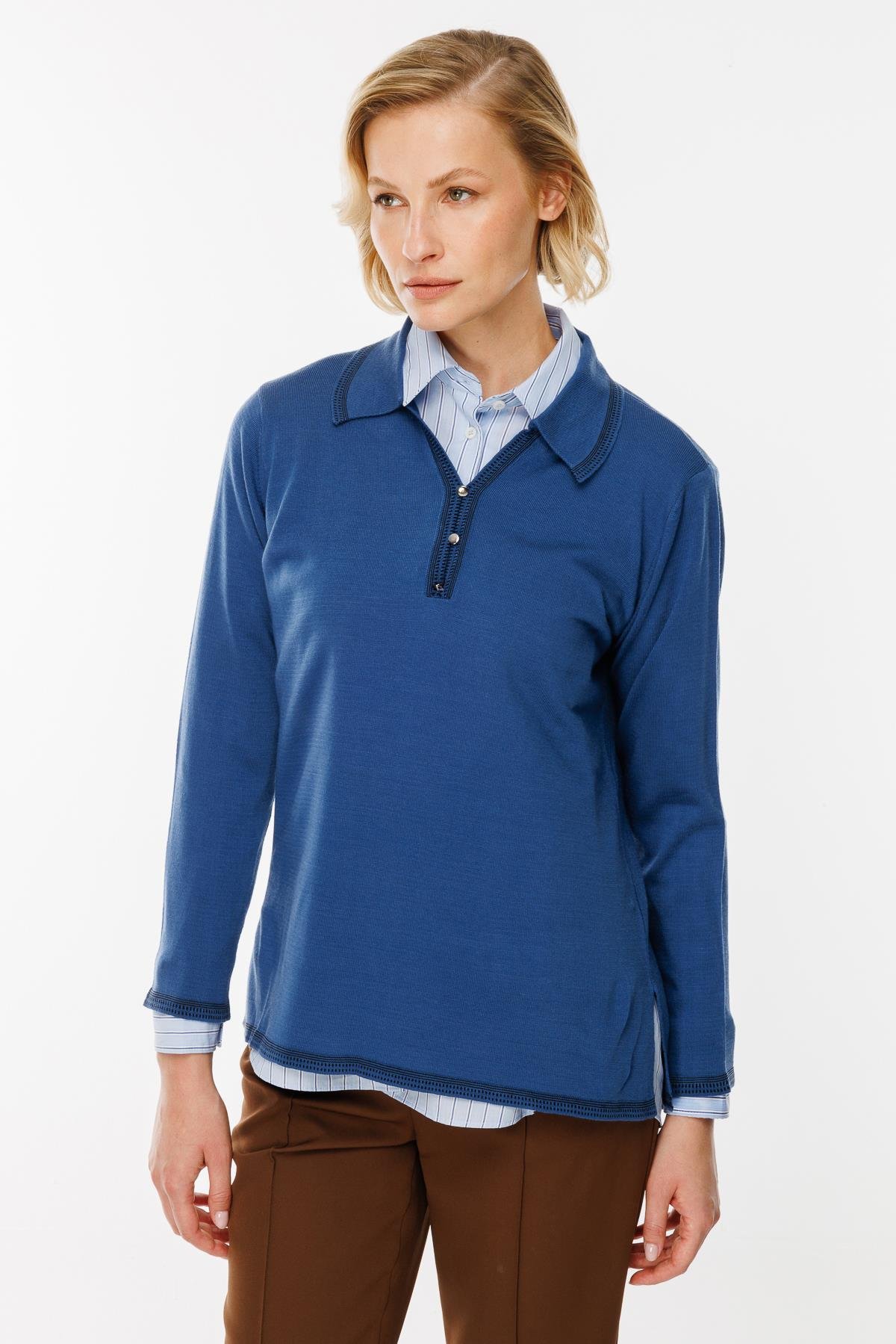 Büyük Beden Polo Yaka Triko Kazak - İNDİGO