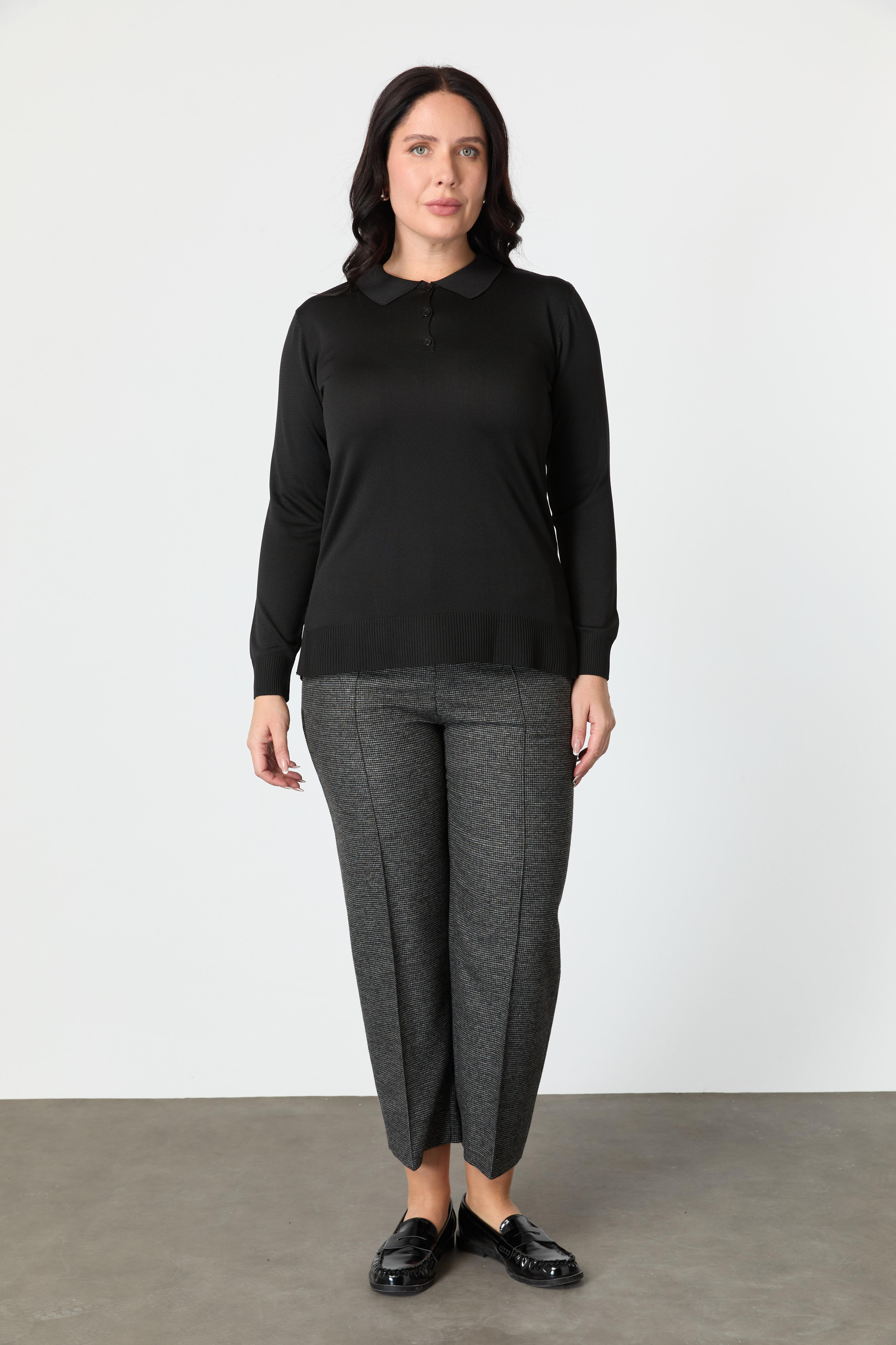 Büyük Beden Polo Yaka Triko Kazak-SİYAH