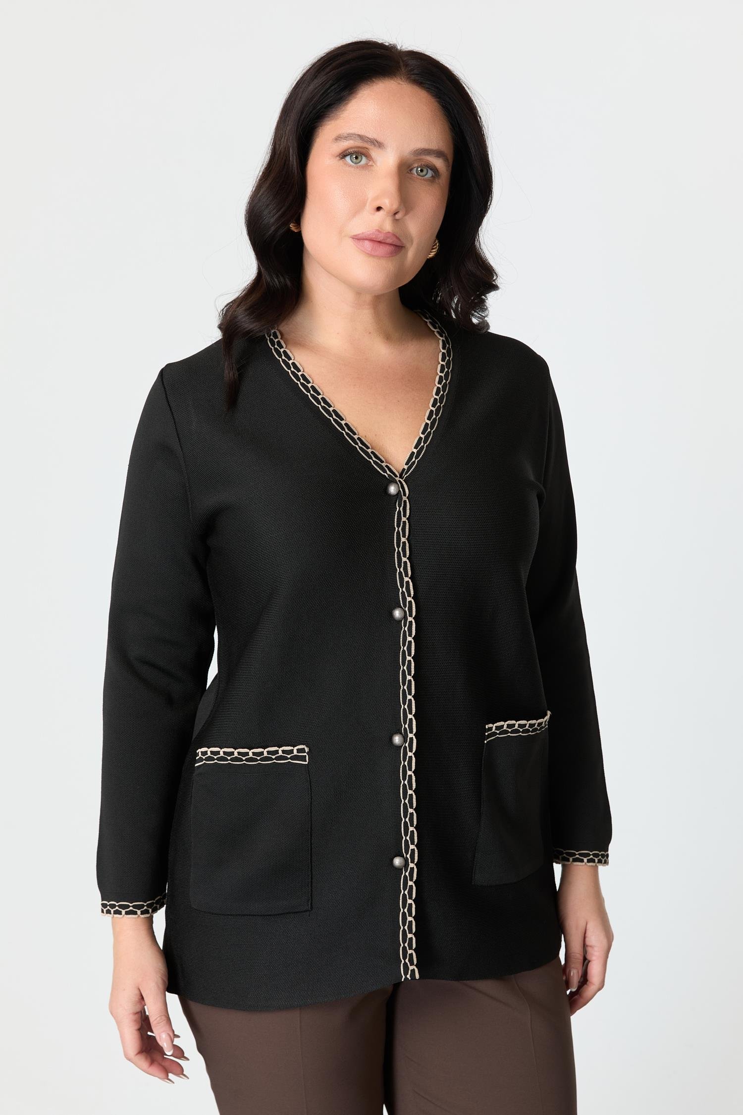 Büyük Beden Ribana Detaylı Triko Hırka-SİYAH