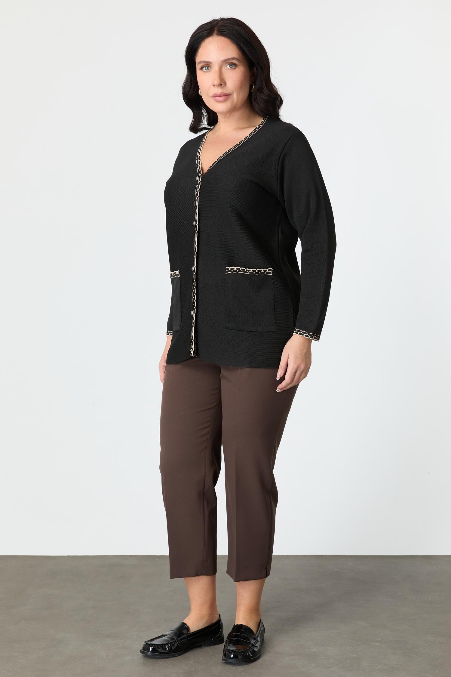 Büyük Beden Ribana Detaylı Triko Hırka-SİYAH