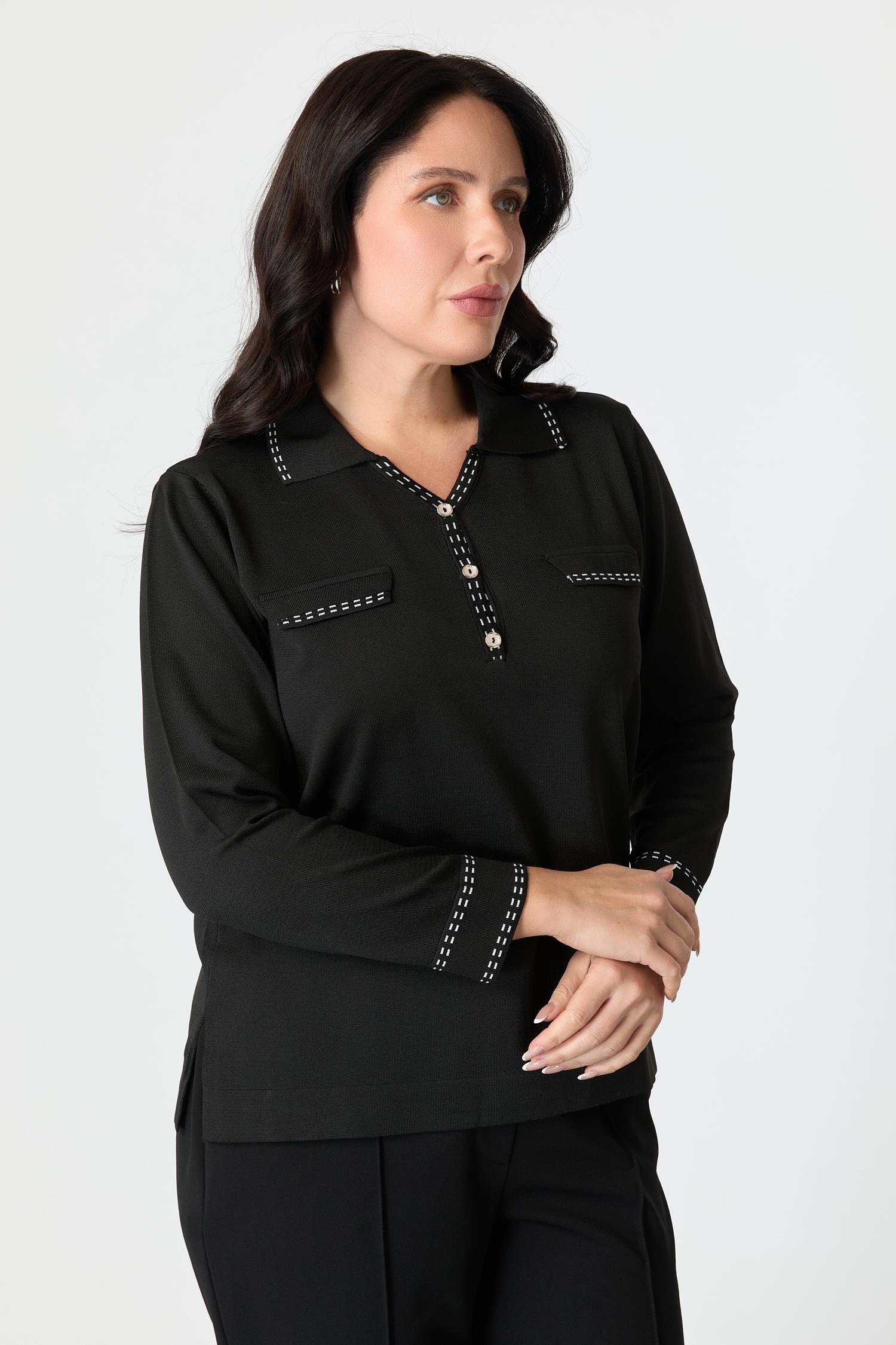 Büyük Beden Ribana Detaylı Triko Kazak-SİYAH