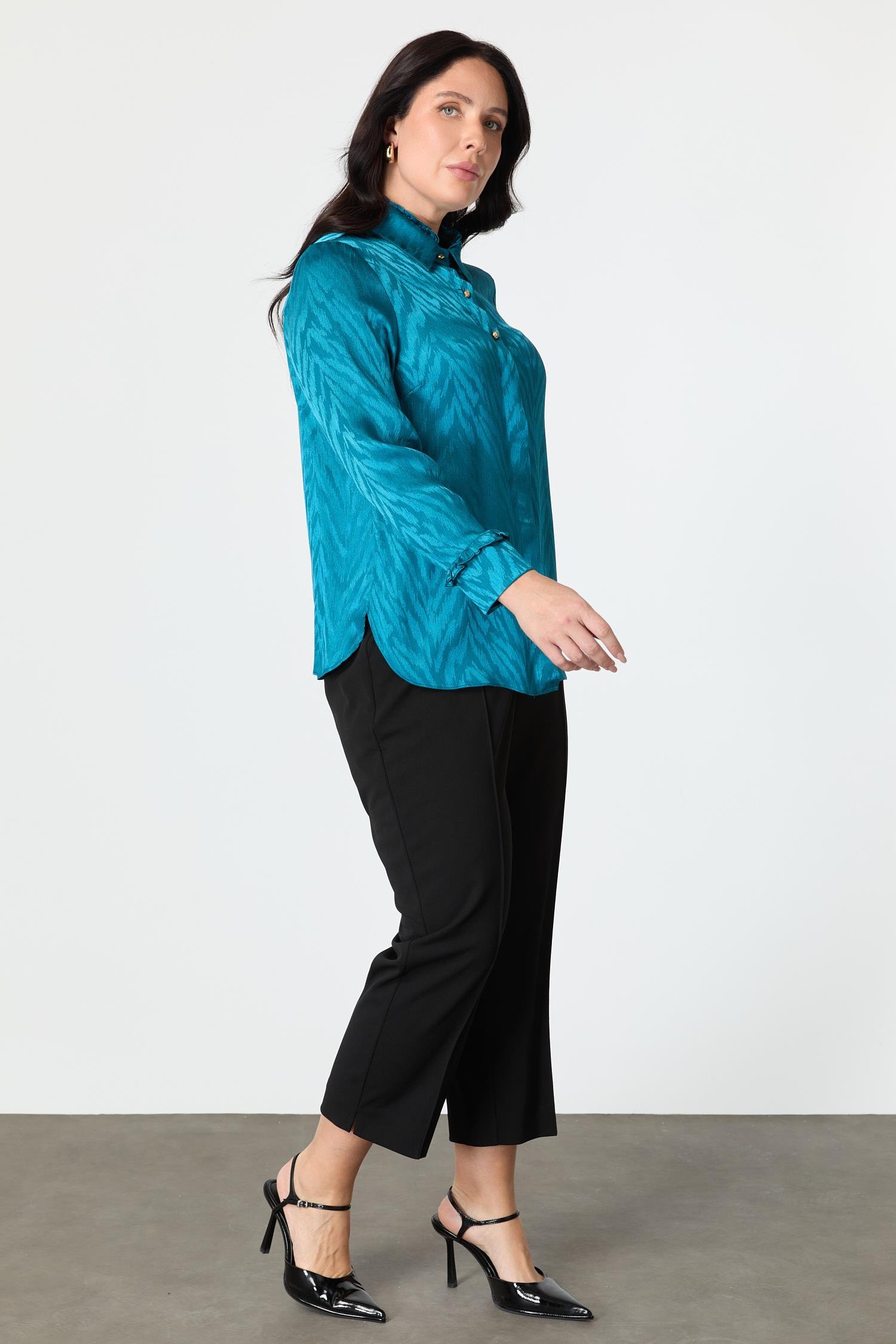 Büyük Beden Saten Görünümlü Gömlek-PETROL