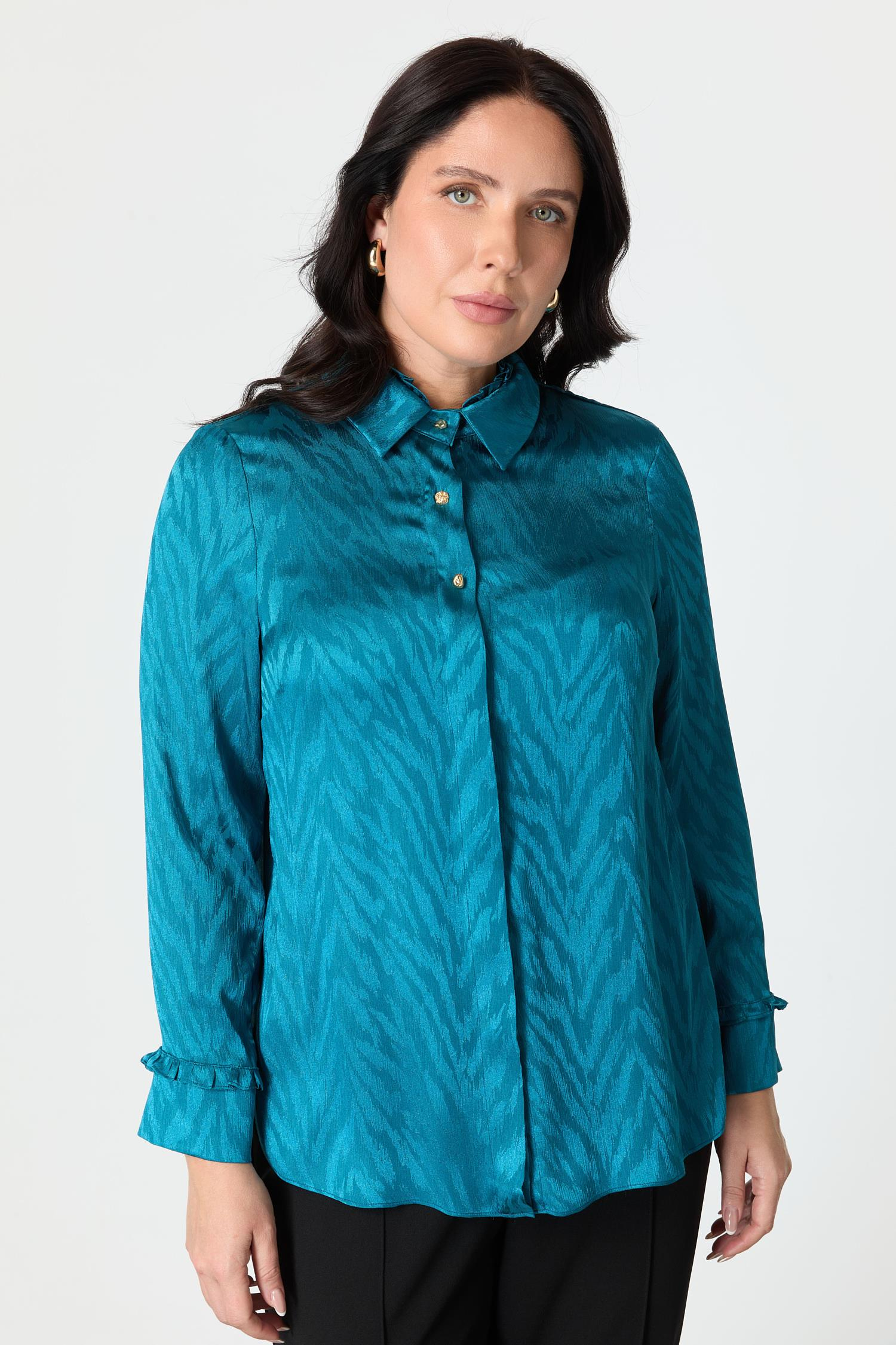 Büyük Beden Saten Görünümlü Gömlek-PETROL