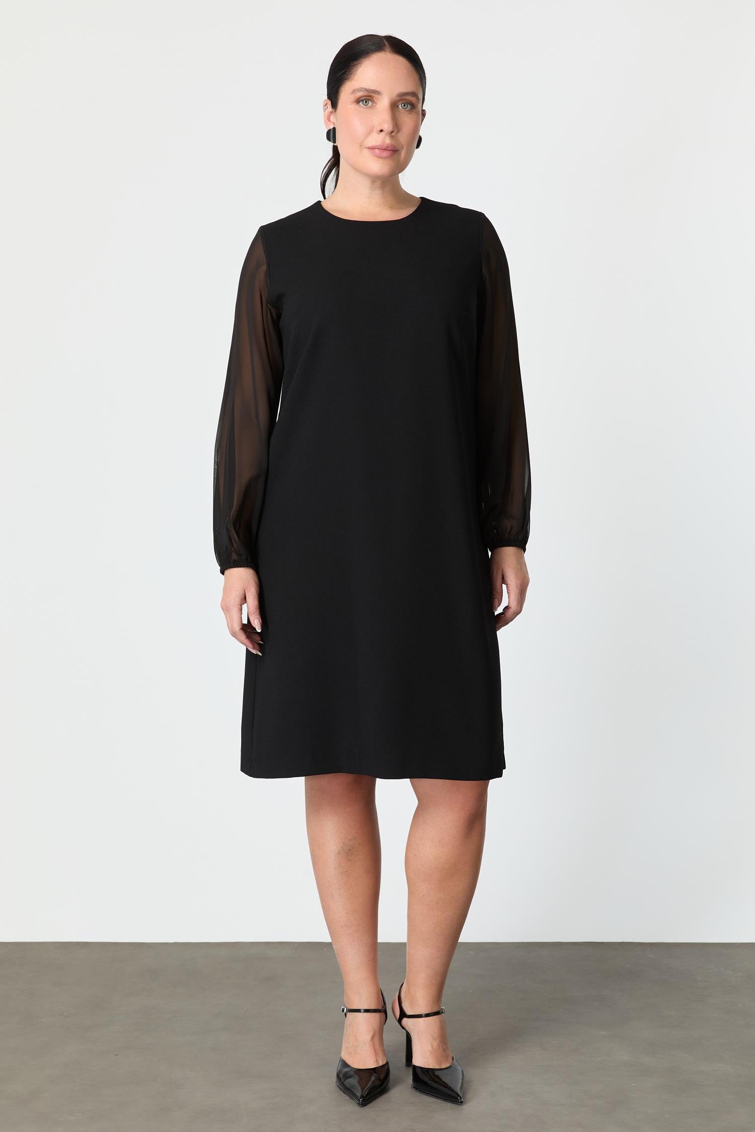 Büyük Beden Şifon Detay Krep Elbise-SİYAH