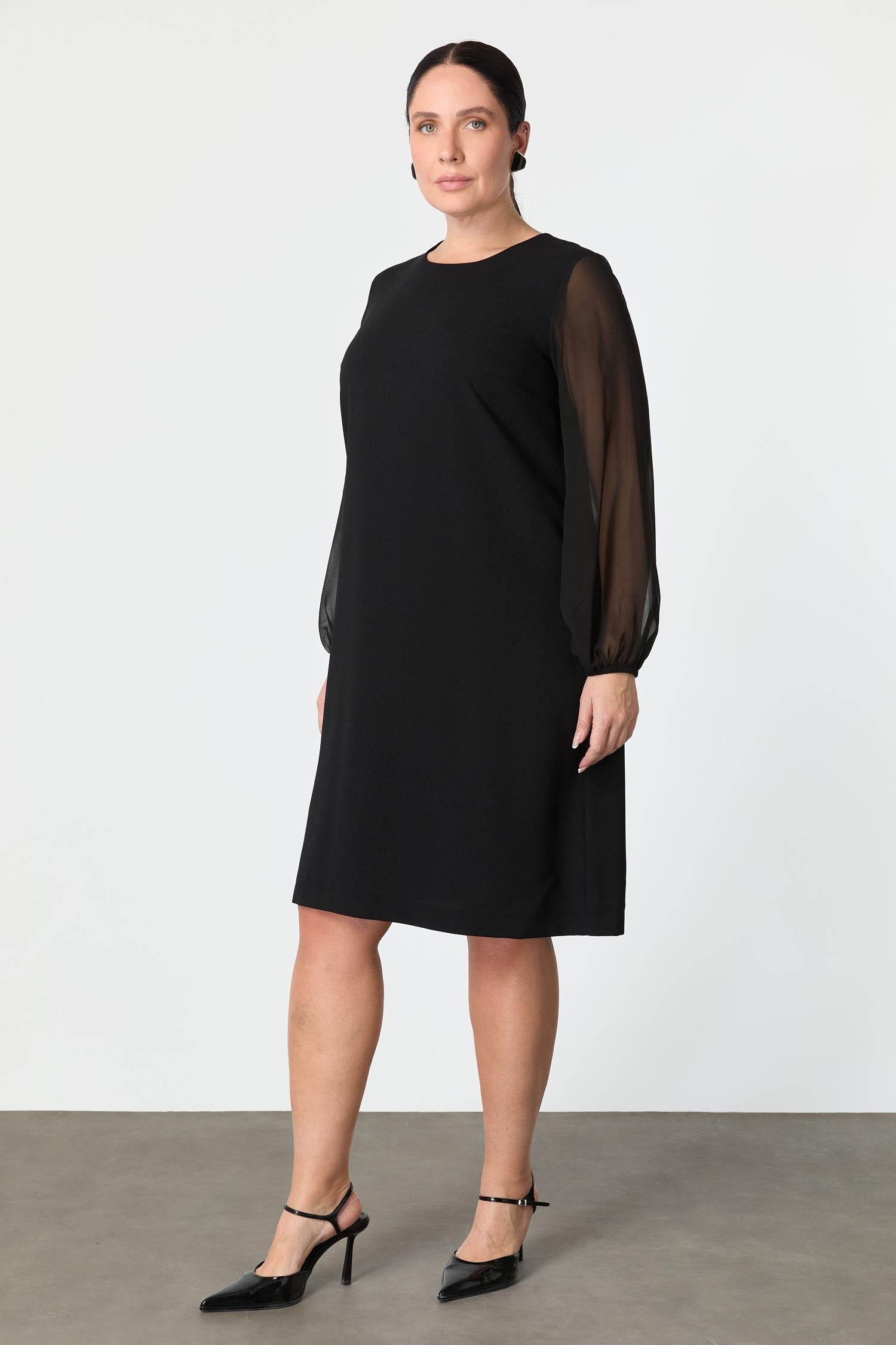 Büyük Beden Şifon Detay Krep Elbise-SİYAH