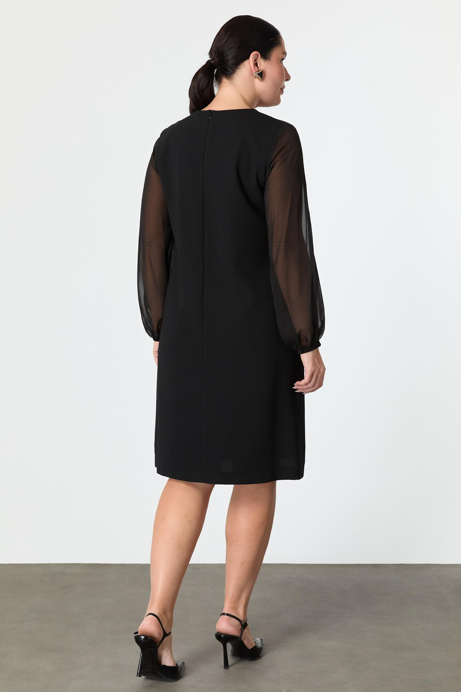 Büyük Beden Şifon Detay Krep Elbise-SİYAH