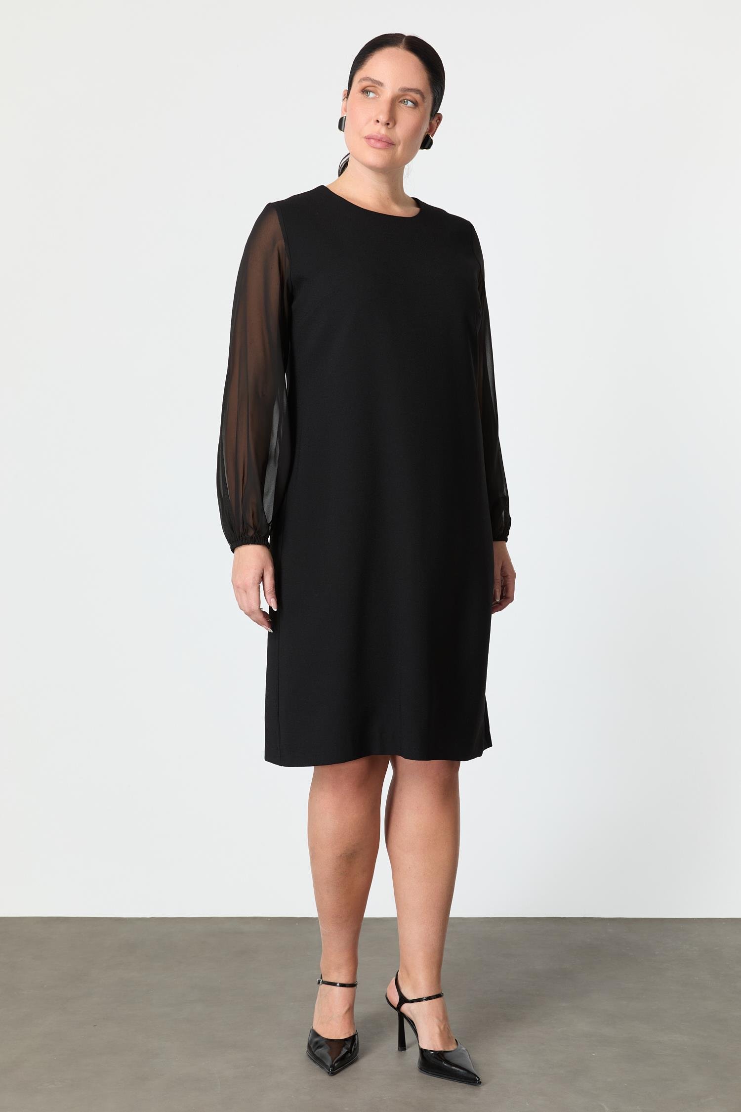 Büyük Beden Şifon Detay Krep Elbise-SİYAH