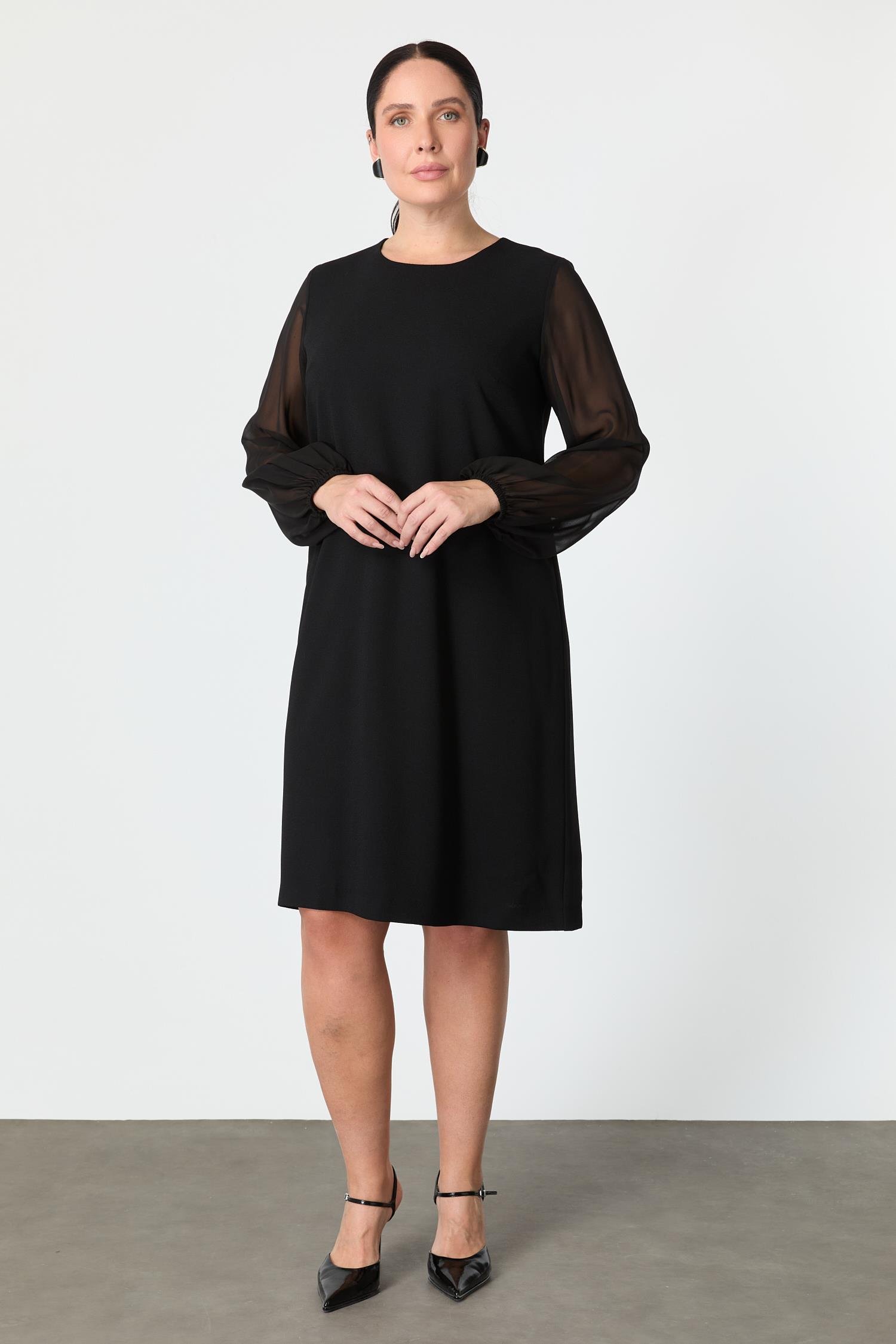 Büyük Beden Şifon Detay Krep Elbise-SİYAH