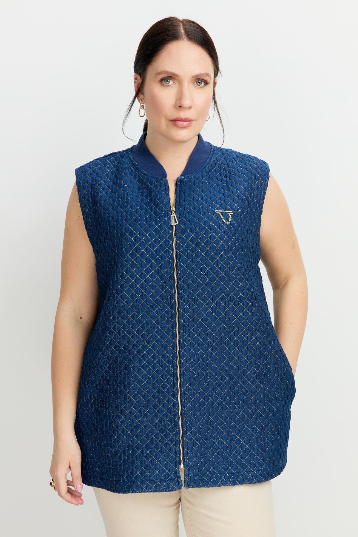 Büyük Beden Simli Jakar Yelek-LACI