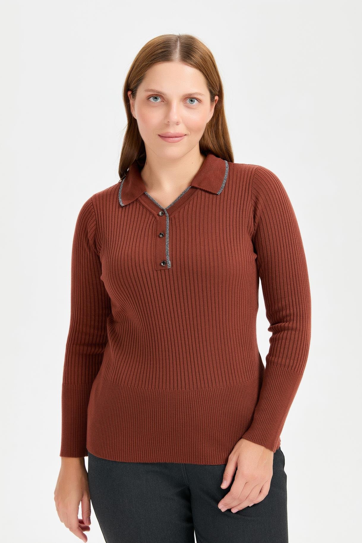 Büyük Beden Simli Polo Yaka Triko Kazak - TARÇIN