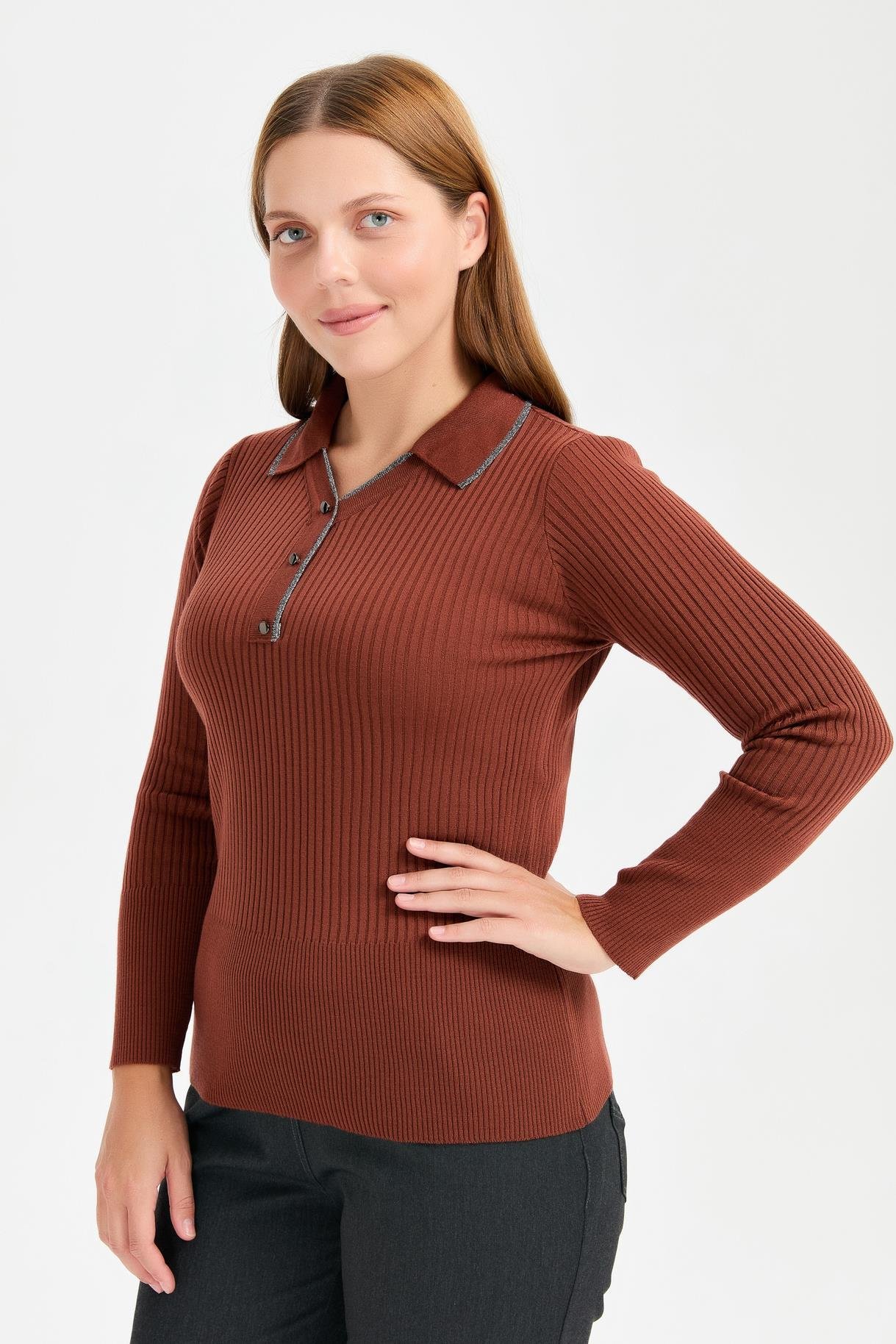 Büyük Beden Simli Polo Yaka Triko Kazak - TARÇIN