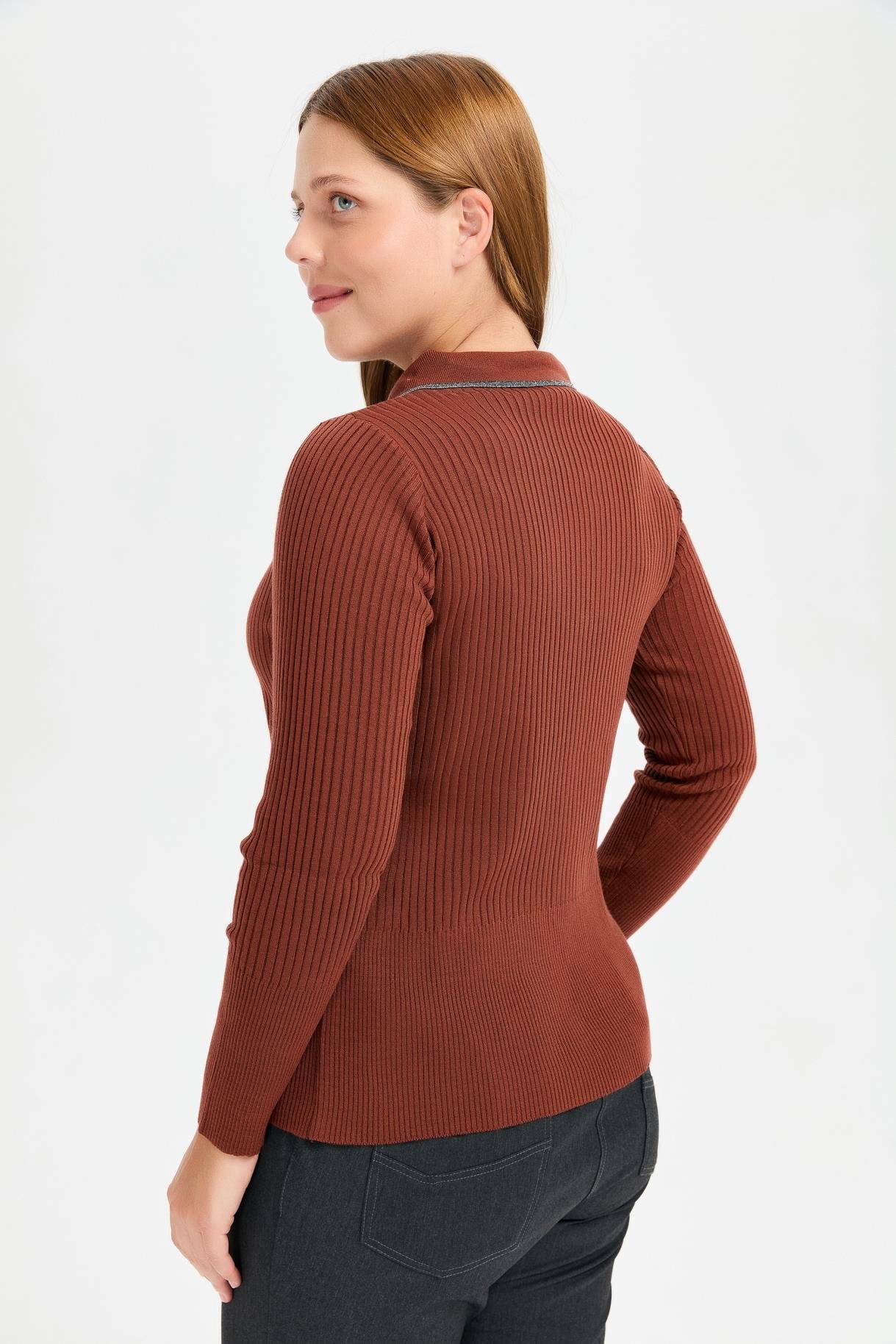 Büyük Beden Simli Polo Yaka Triko Kazak - TARÇIN