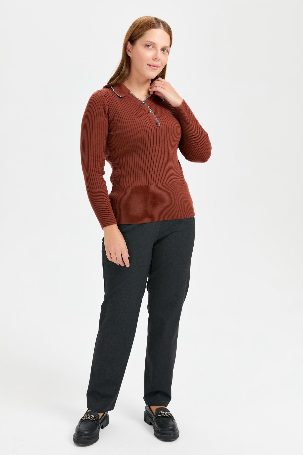 Büyük Beden Simli Polo Yaka Triko Kazak - TARÇIN