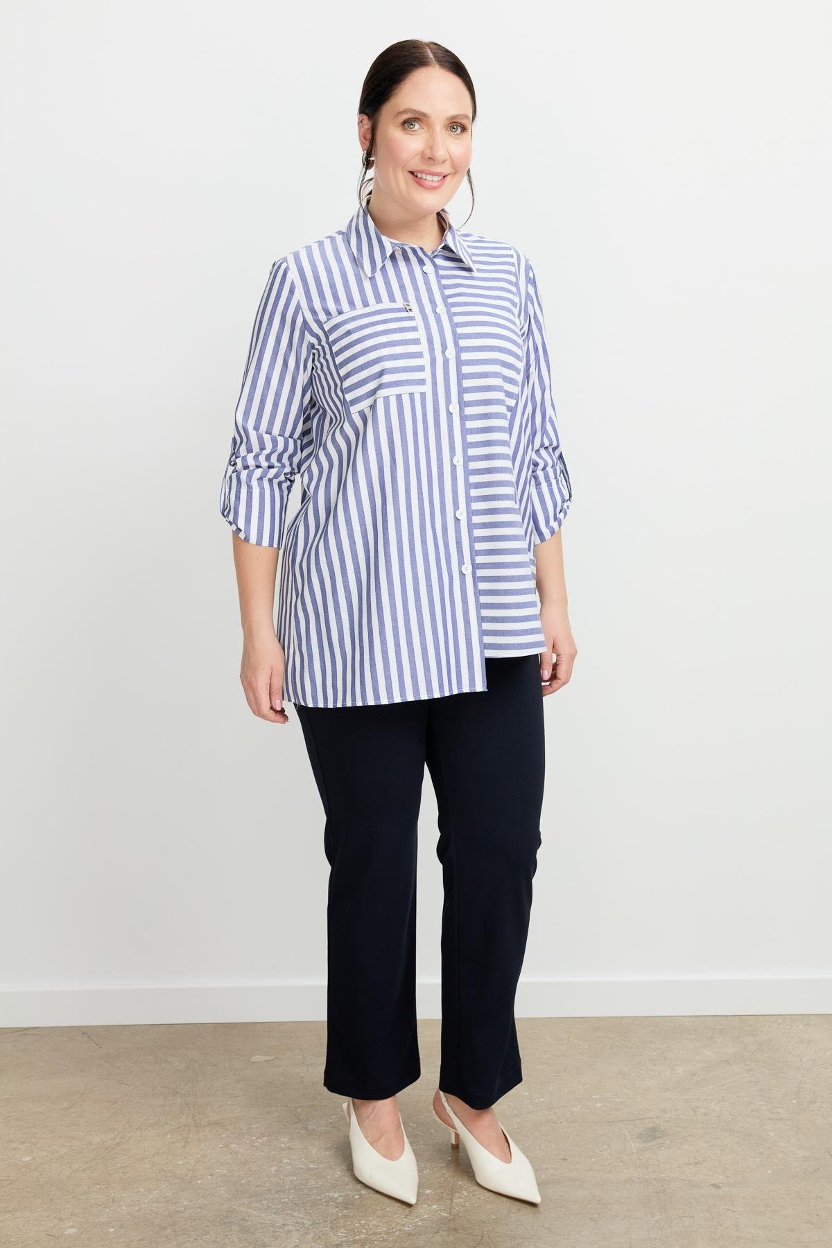 Büyük Beden Soyut Çizgi Gömlek-İNDİGO