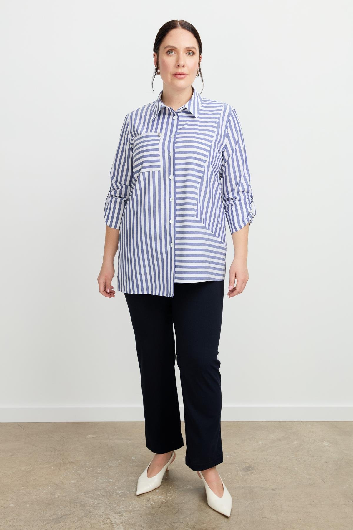 Büyük Beden Soyut Çizgi Gömlek-İNDİGO