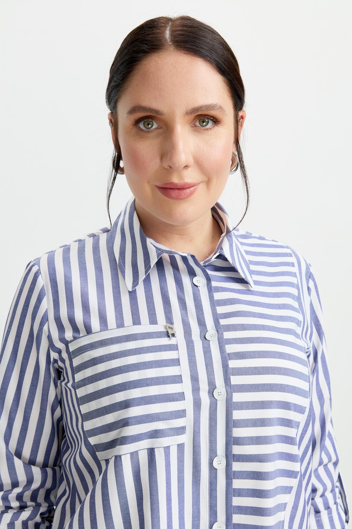 Büyük Beden Soyut Çizgi Gömlek-İNDİGO