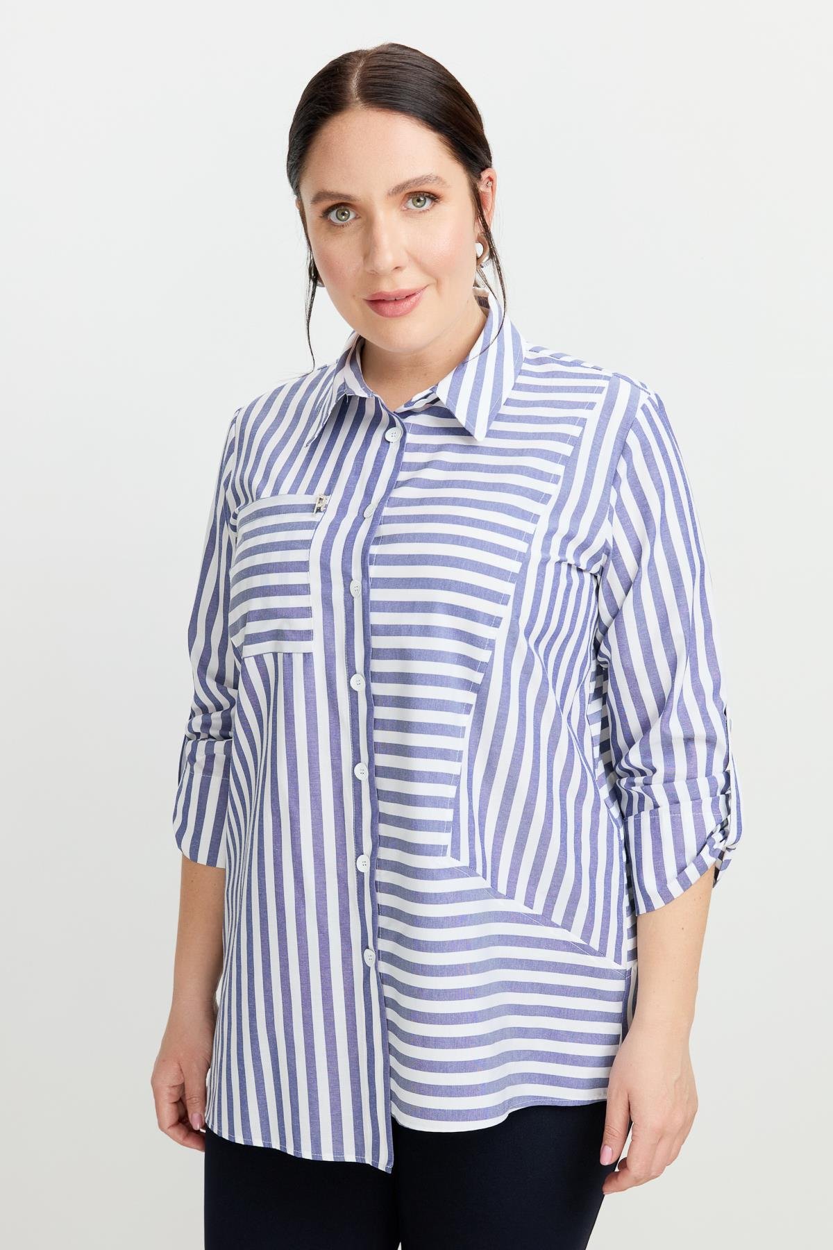 Büyük Beden Soyut Çizgi Gömlek-İNDİGO
