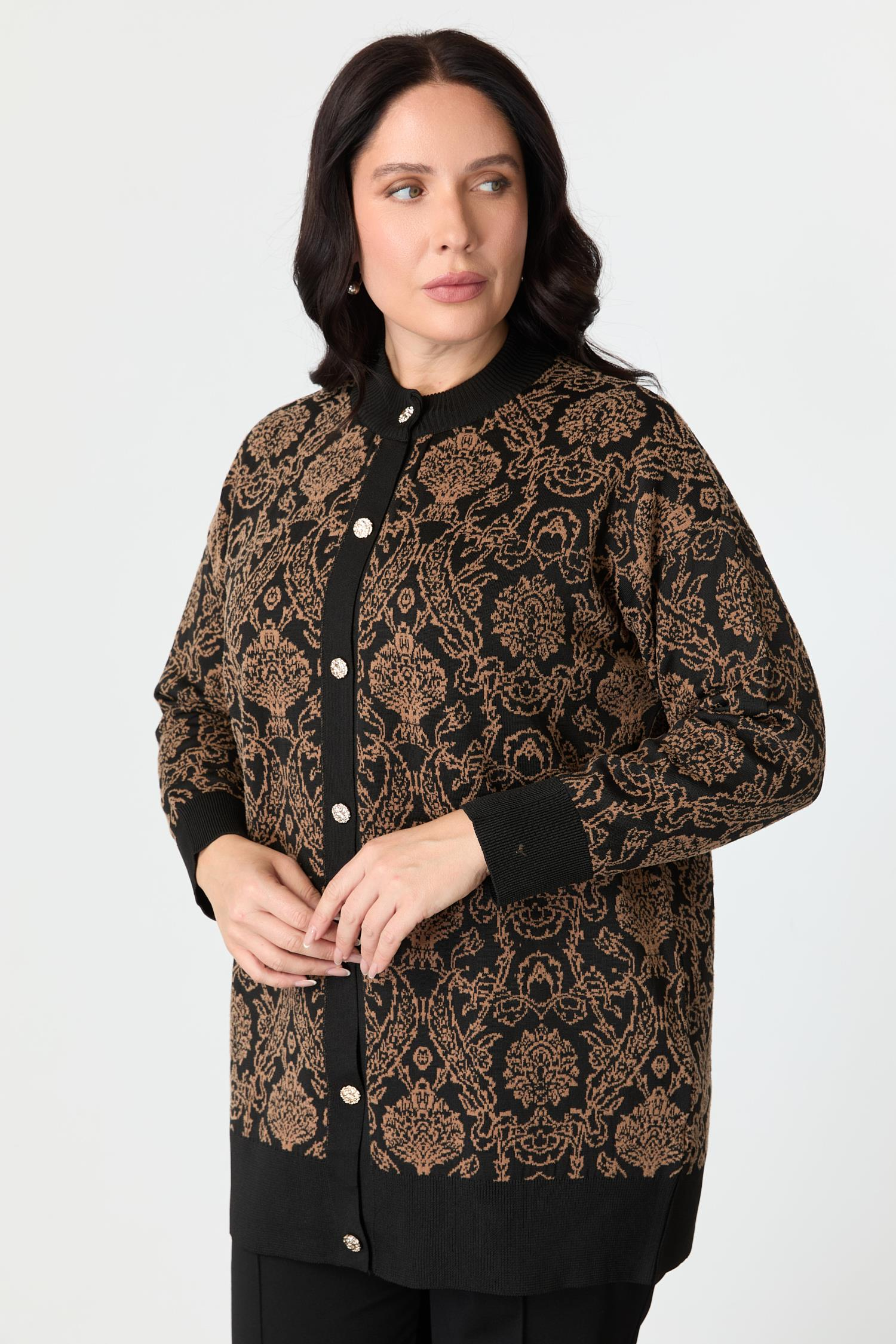 Büyük Beden Soyut Desenli Triko Hırka-SİYAH/CAMEL