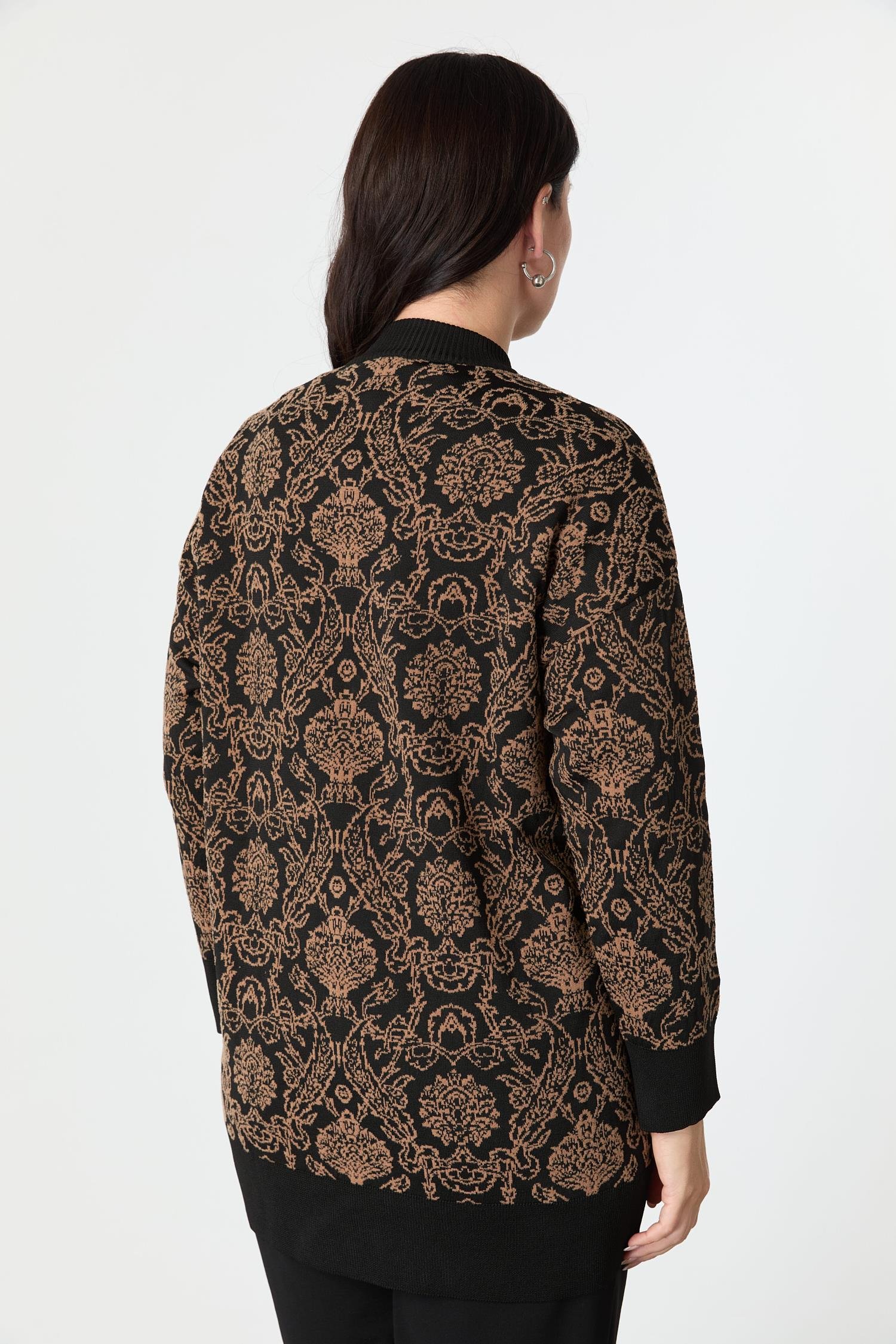 Büyük Beden Soyut Desenli Triko Hırka-SİYAH/CAMEL