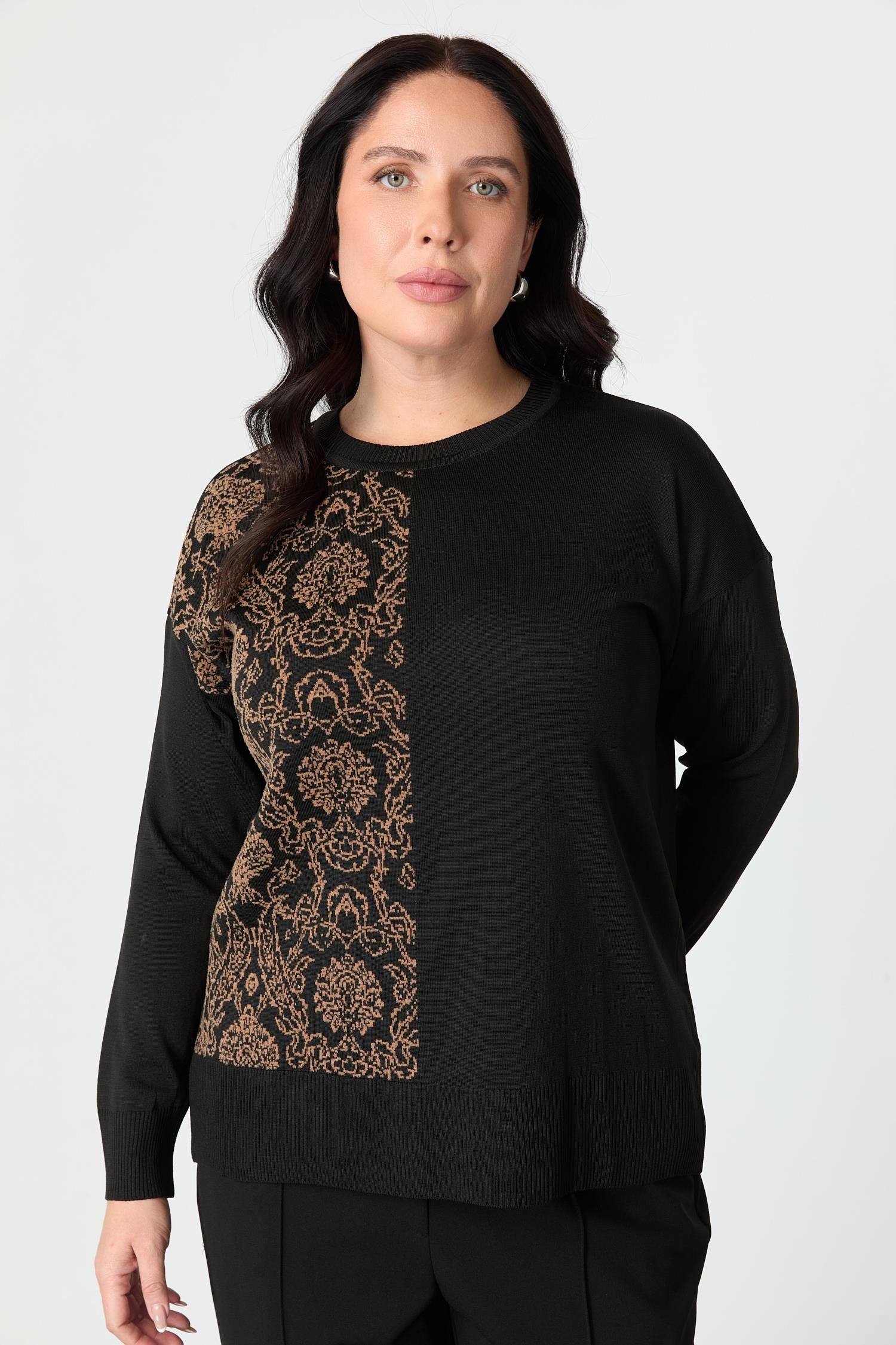 Büyük Beden Soyut Desenli Triko Kazak-SİYAH/CAMEL