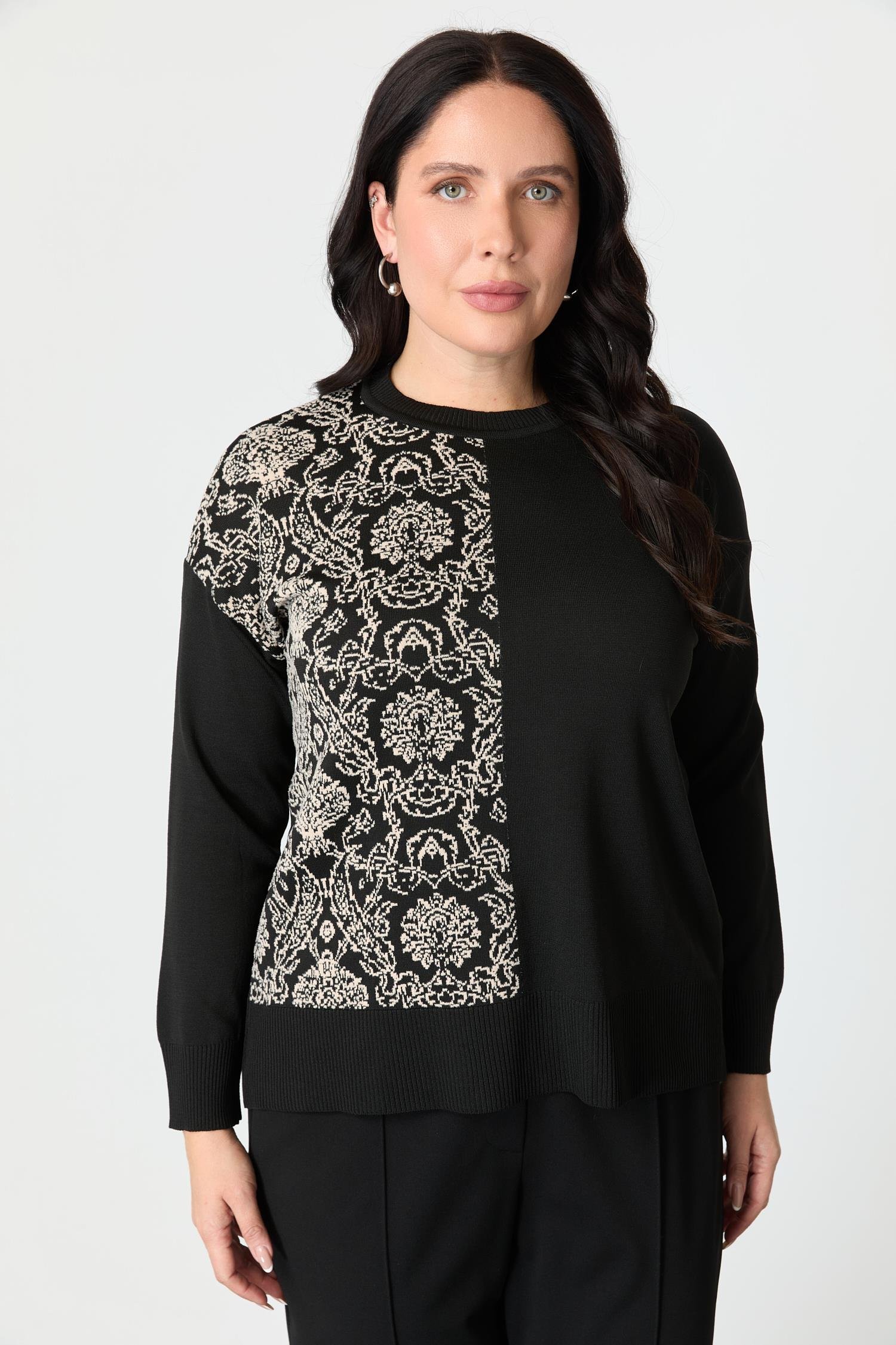 Büyük Beden Soyut Desenli Triko Kazak-SİYAH/KEMİK