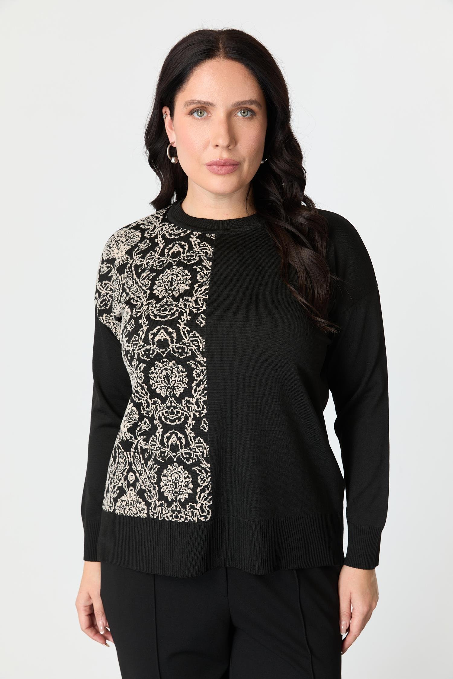 Büyük Beden Soyut Desenli Triko Kazak-SİYAH/KEMİK