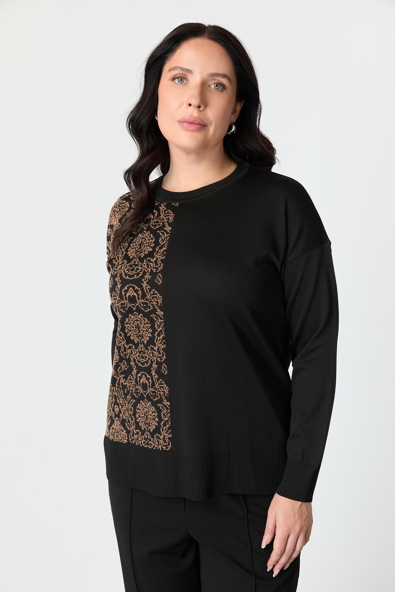 Büyük Beden Soyut Desenli Triko Kazak-SİYAH/CAMEL