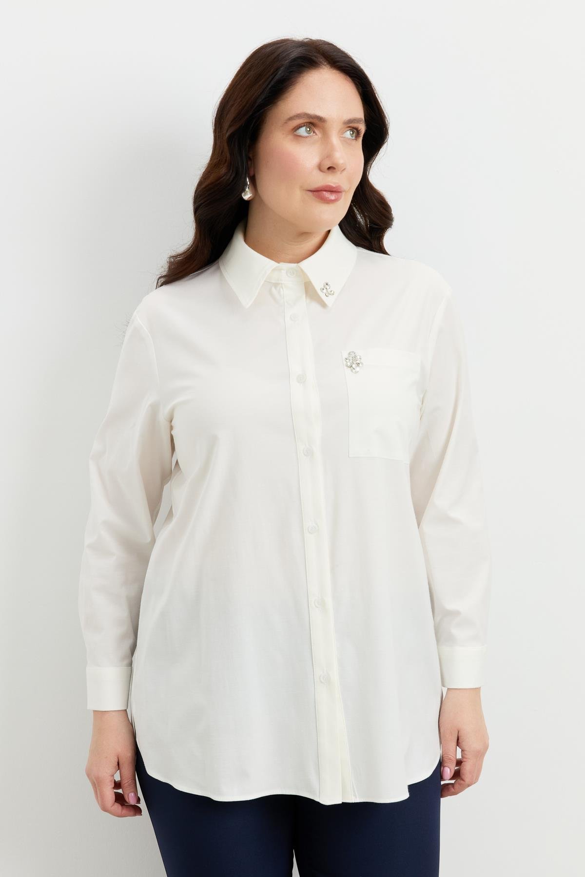 Büyük Beden Taş Detay Gömlek-KEMIK