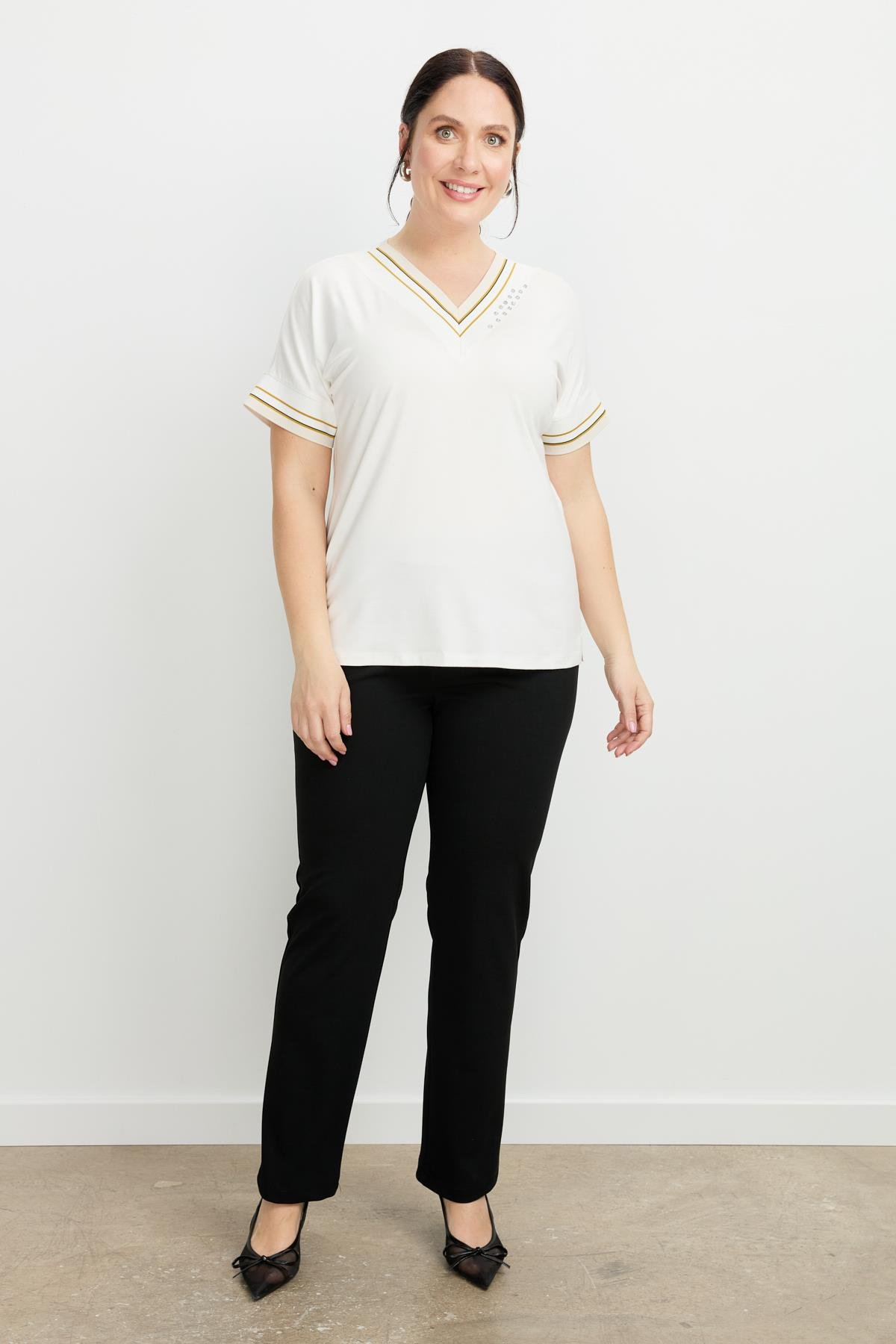 Büyük Beden Taş Detay V Yaka Bluz-KEMIK