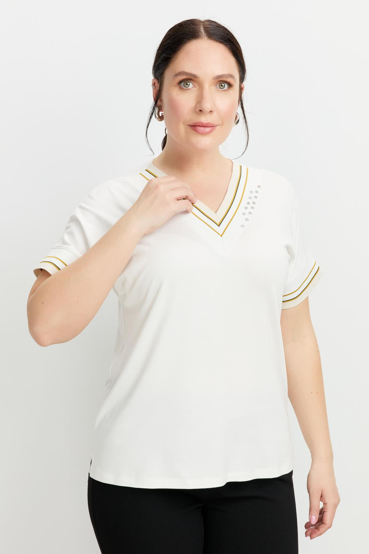 Büyük Beden Taş Detay V Yaka Bluz-KEMIK