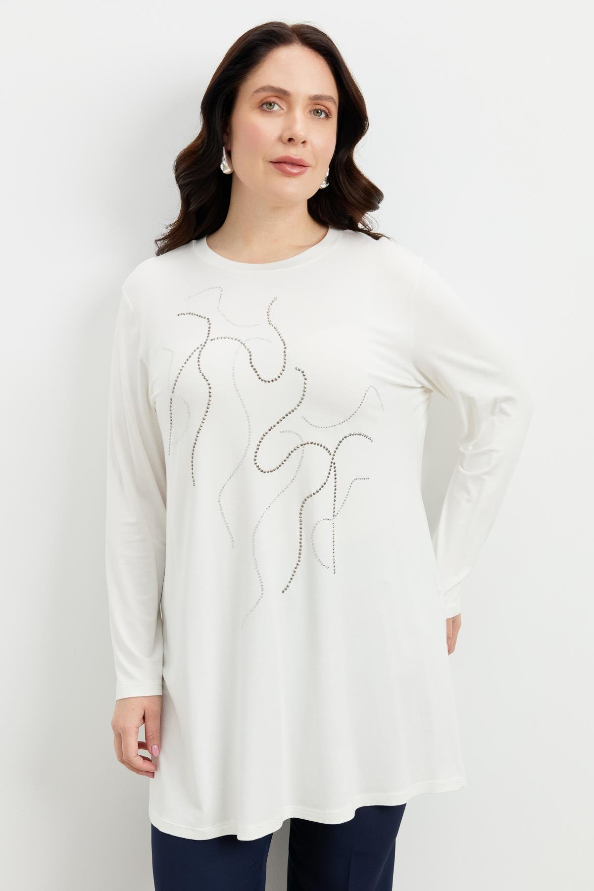 Büyük Beden Taş Detaylı Bluz-KEMIK