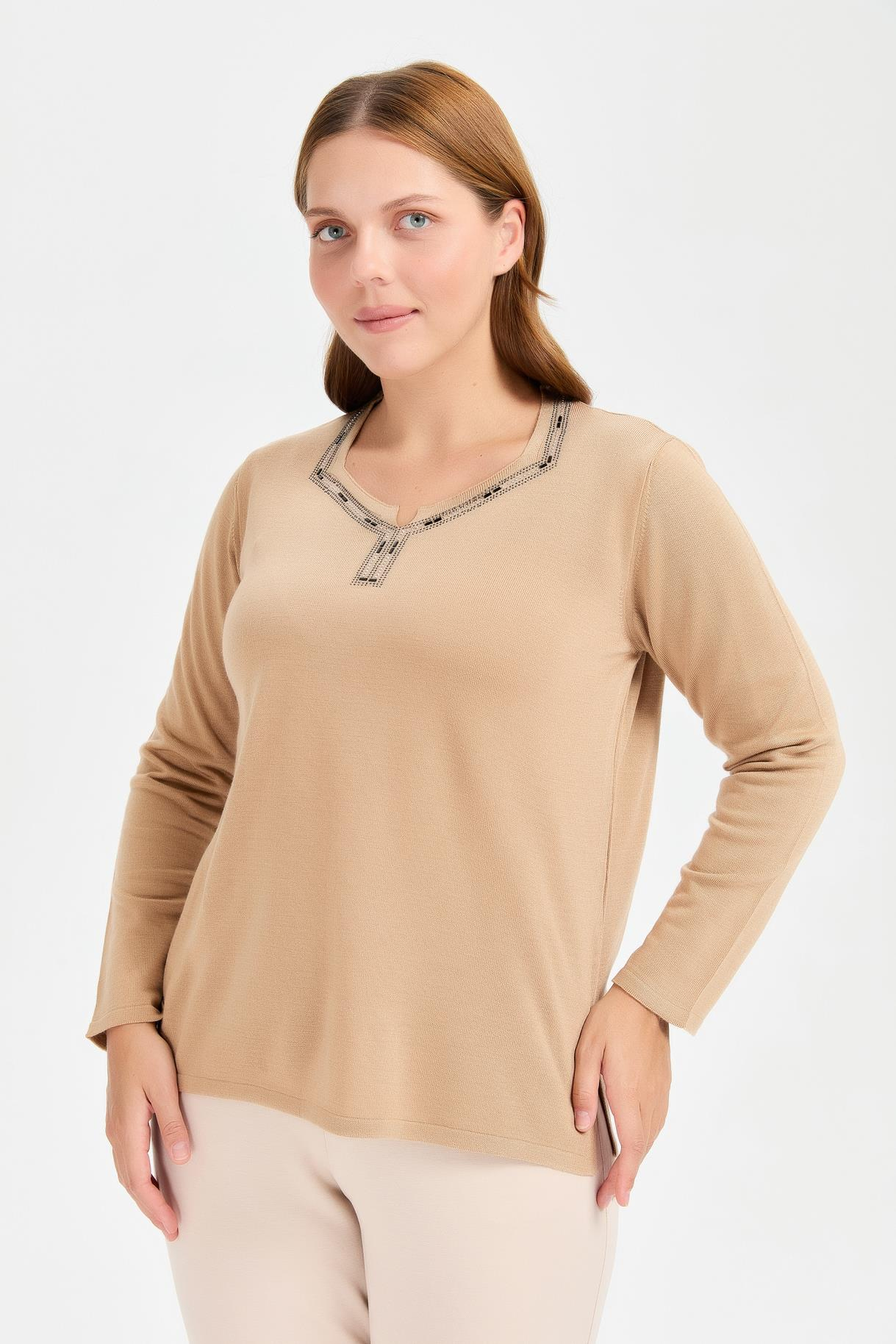 Büyük Beden Taşlı Triko Kazak - CAMEL