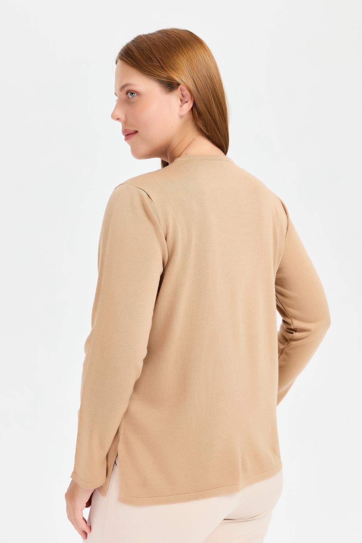 Büyük Beden Taşlı Triko Kazak - CAMEL