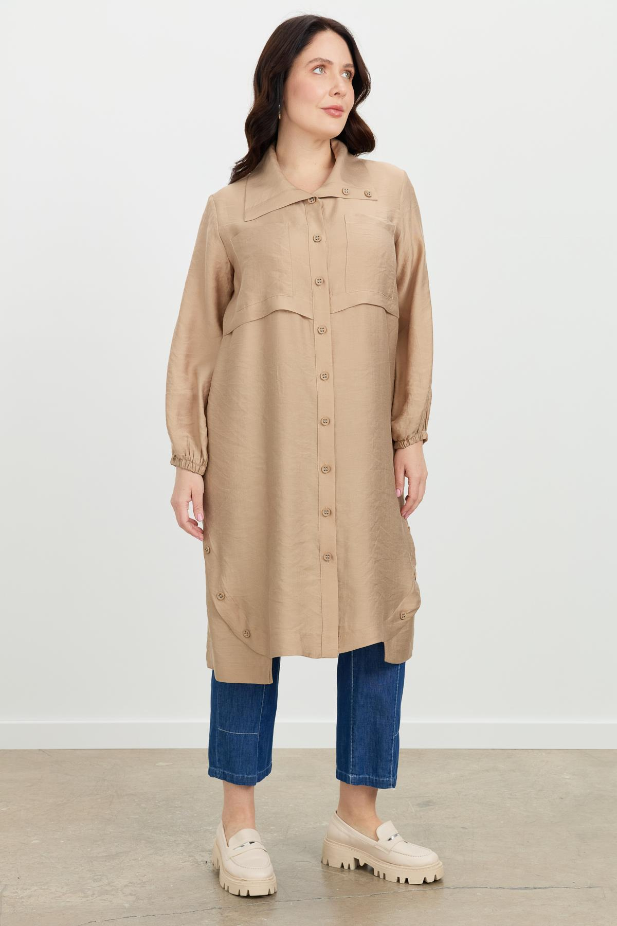 Büyük Beden Tencel Gömlek Tunik-VİZON
