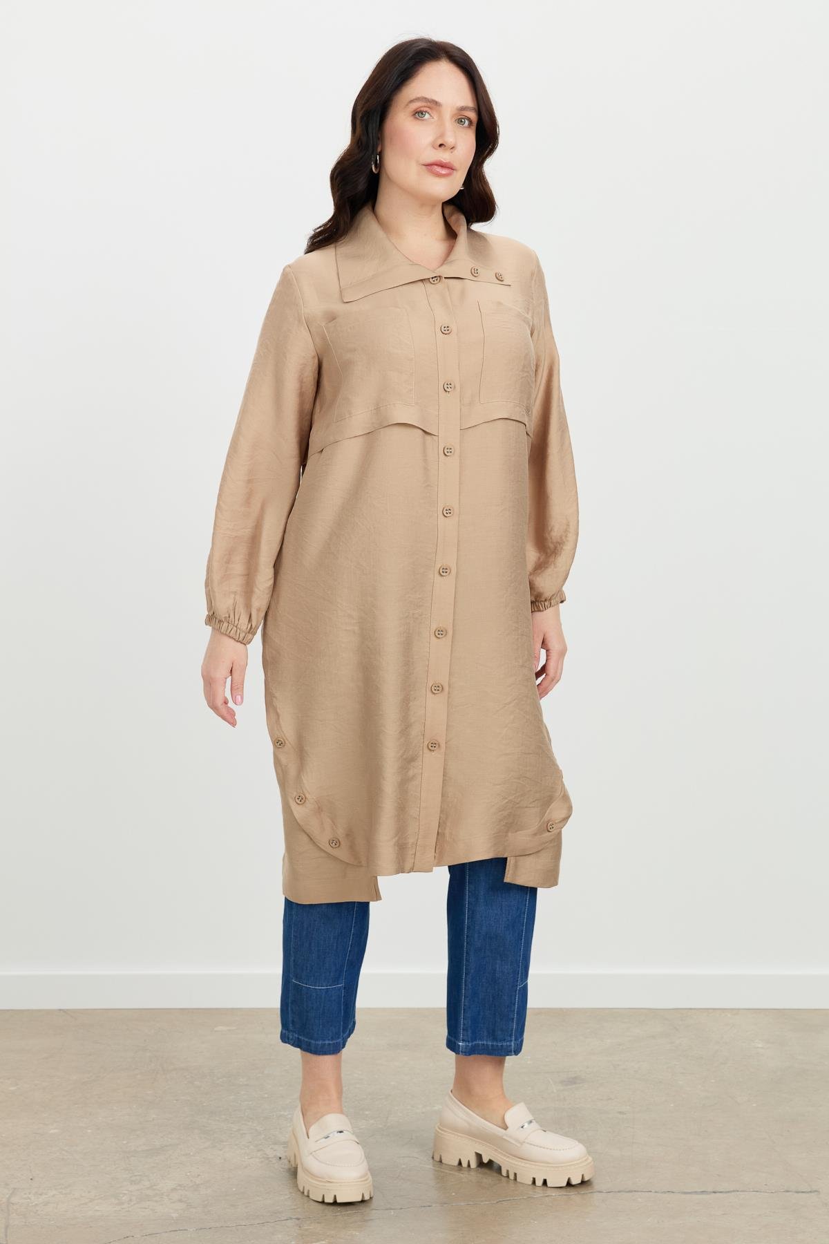 Büyük Beden Tencel Gömlek Tunik-VİZON