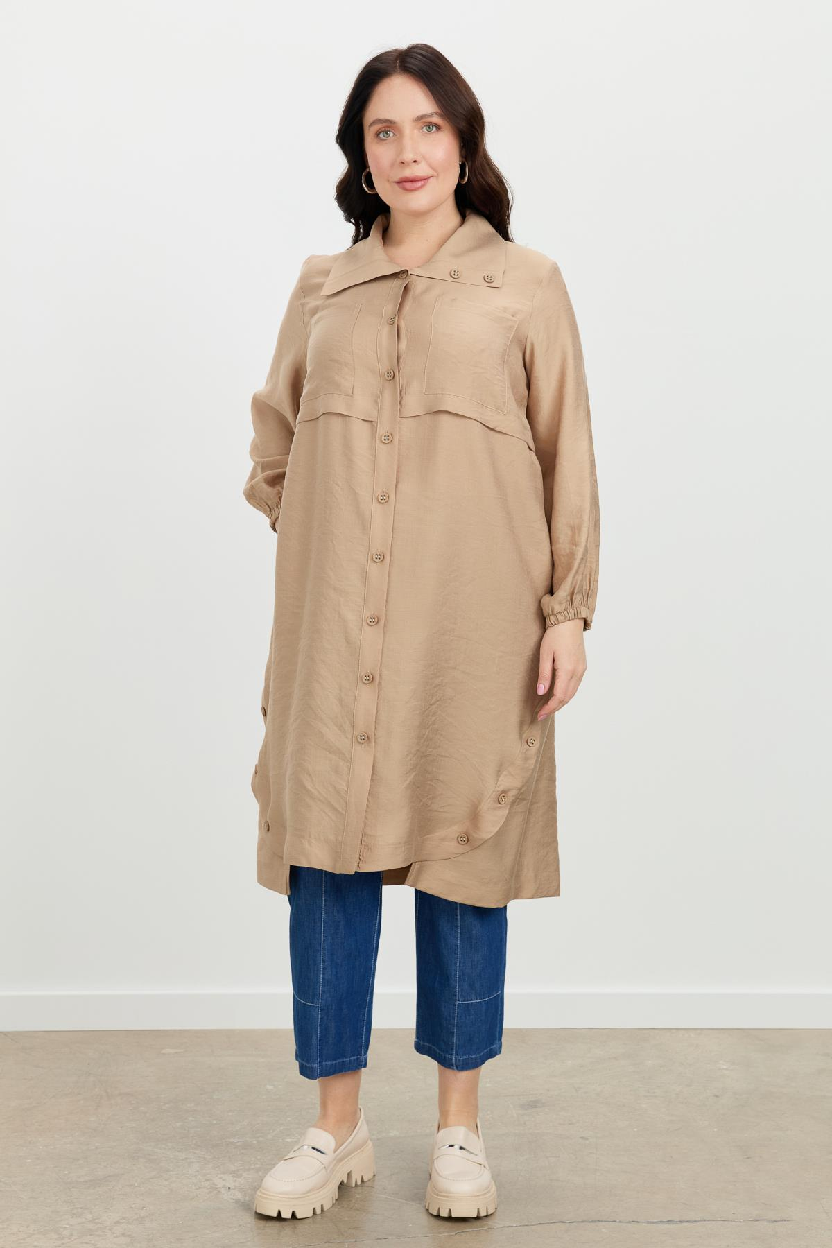 Büyük Beden Tencel Gömlek Tunik-VİZON