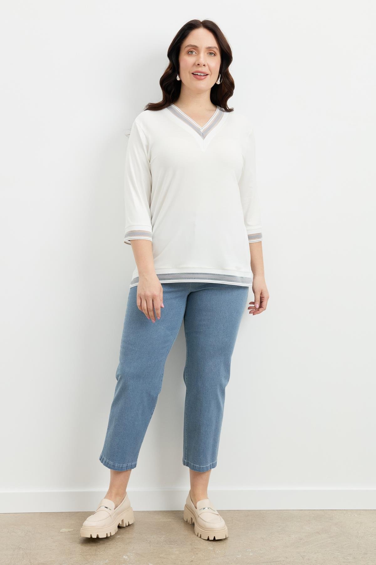 Büyük Beden Tül Şerit Detaylı Bluz-GRİ