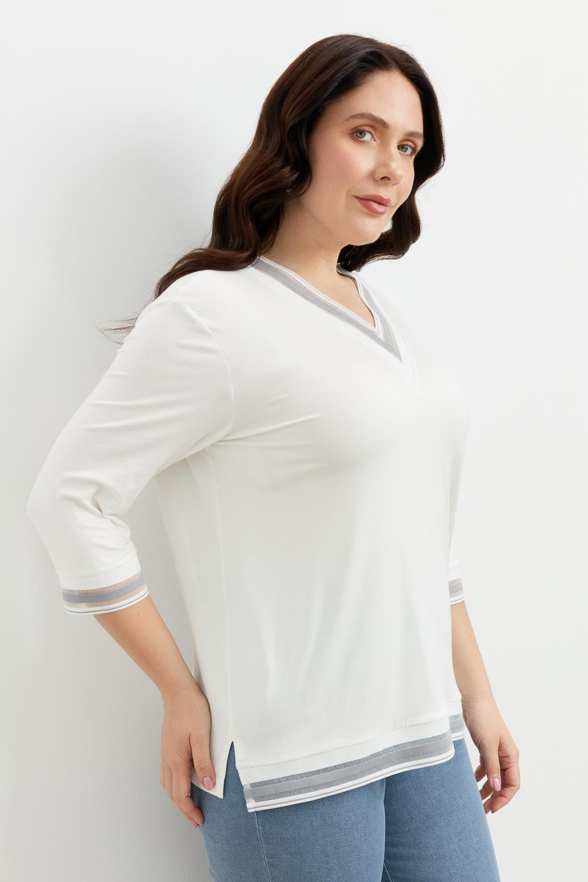 Büyük Beden Tül Şerit Detaylı Bluz-GRİ