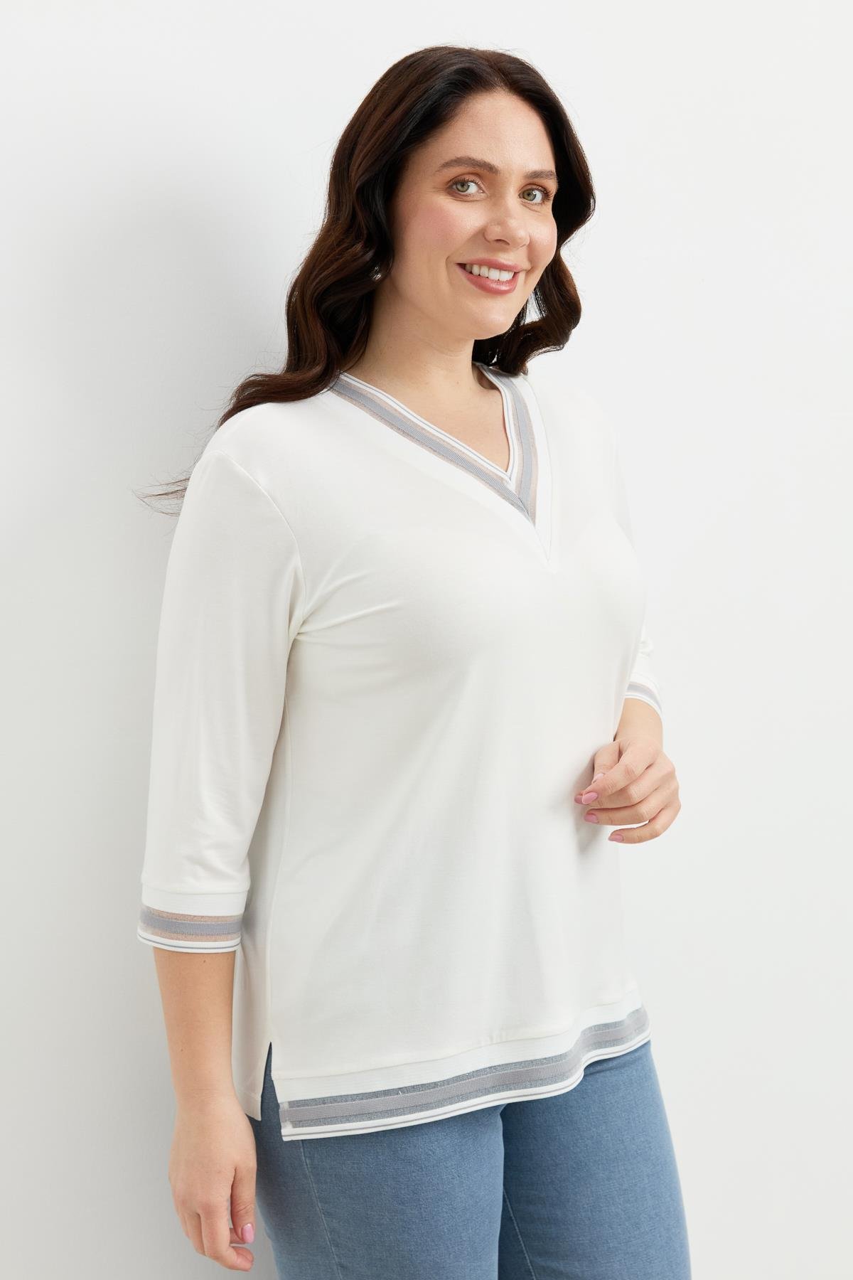 Büyük Beden Tül Şerit Detaylı Bluz-GRİ