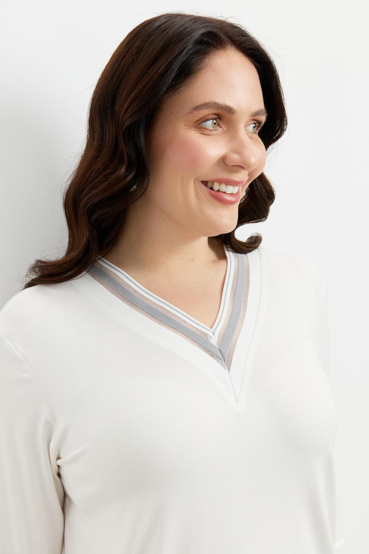 Büyük Beden Tül Şerit Detaylı Bluz-GRİ