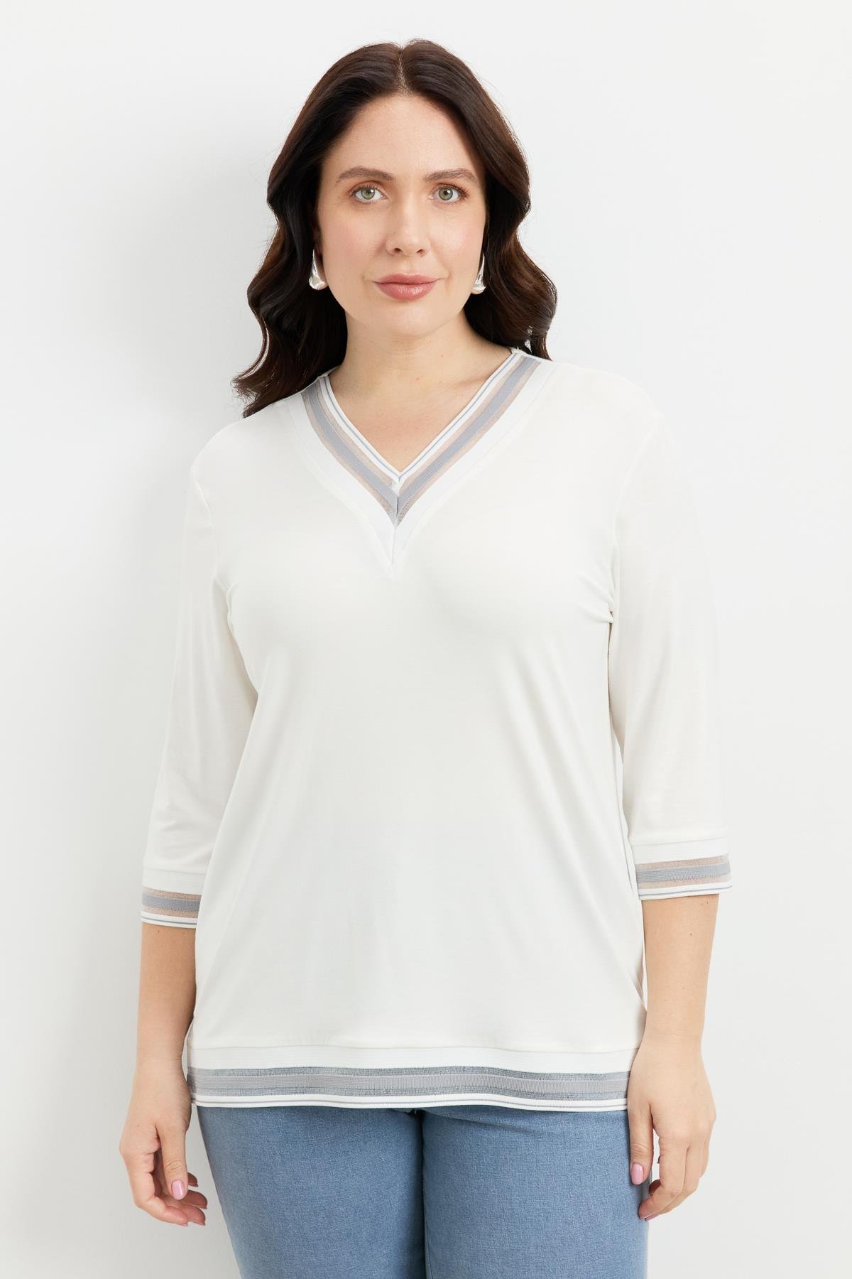 Büyük Beden Tül Şerit Detaylı Bluz-GRİ