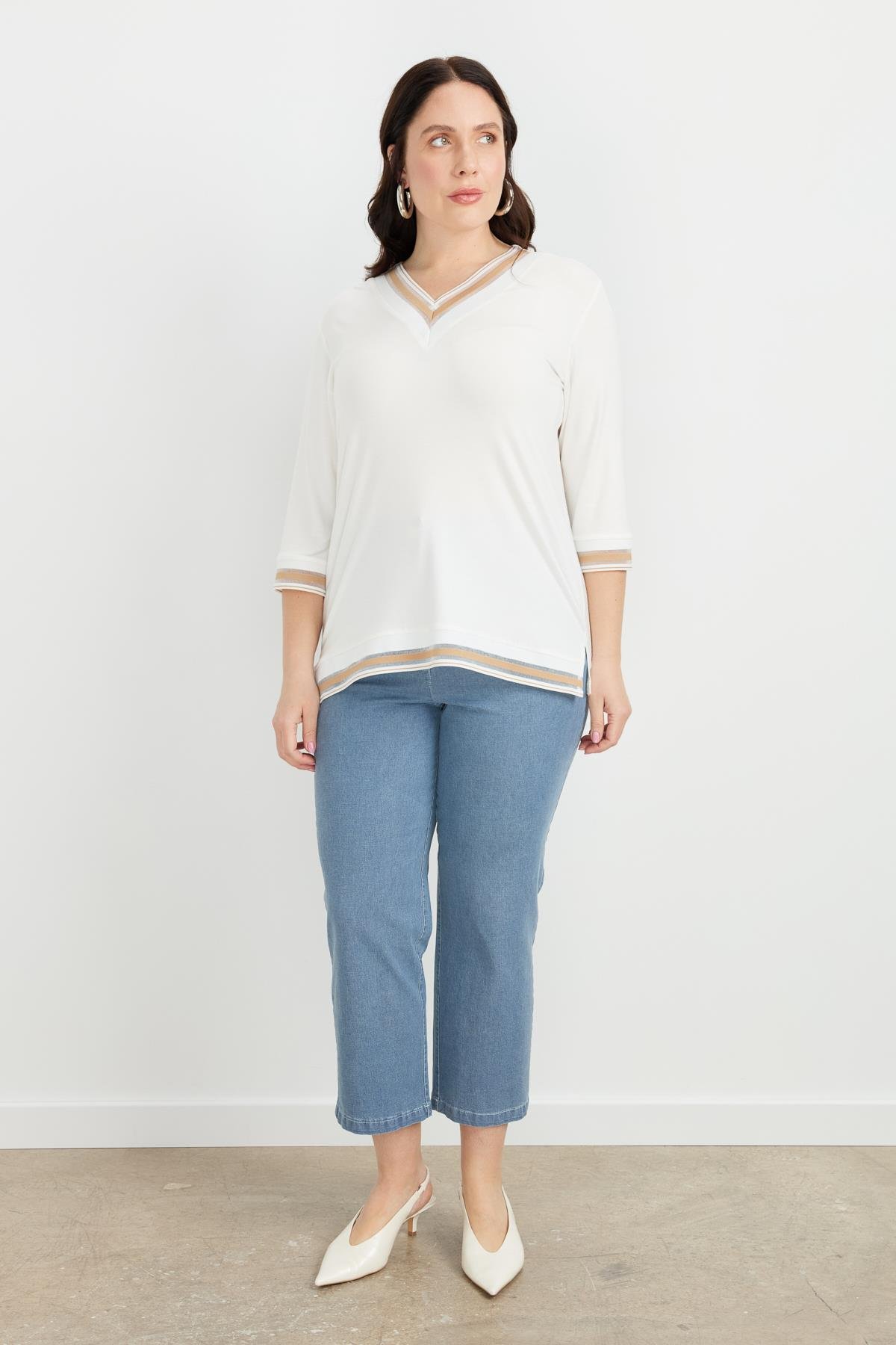 Büyük Beden Tül Şerit Detaylı Bluz-TAŞ