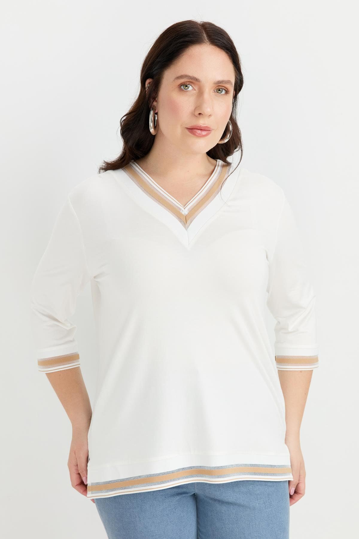 Büyük Beden Tül Şerit Detaylı Bluz-TAŞ